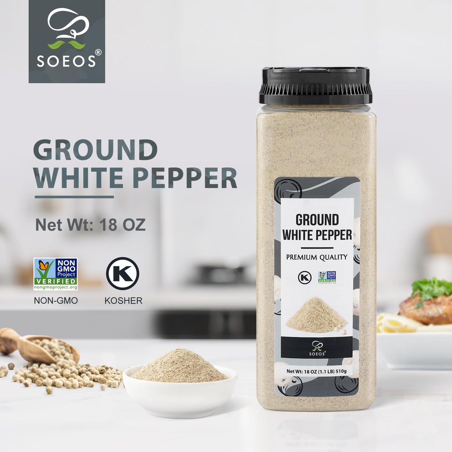 Soeos Ground White Pepper, 18oz (510g), Non-GMO, Kosher Certified, Fresh, Aromatic and All-Natural, White Peppercorns Powder, Perfect for Barbecue