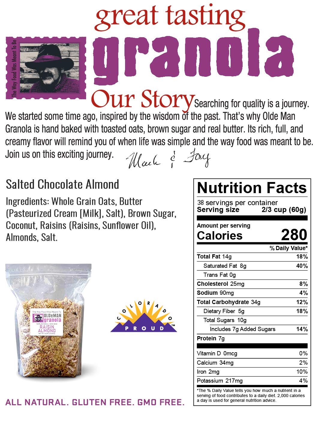 Olde Man Granola Gluten Free Granola - Non-GMO Healthy Granola Cereal - Soft Whole Grain Oats, Butter, Brown Sugar - Handmade in Colorado (Raisin