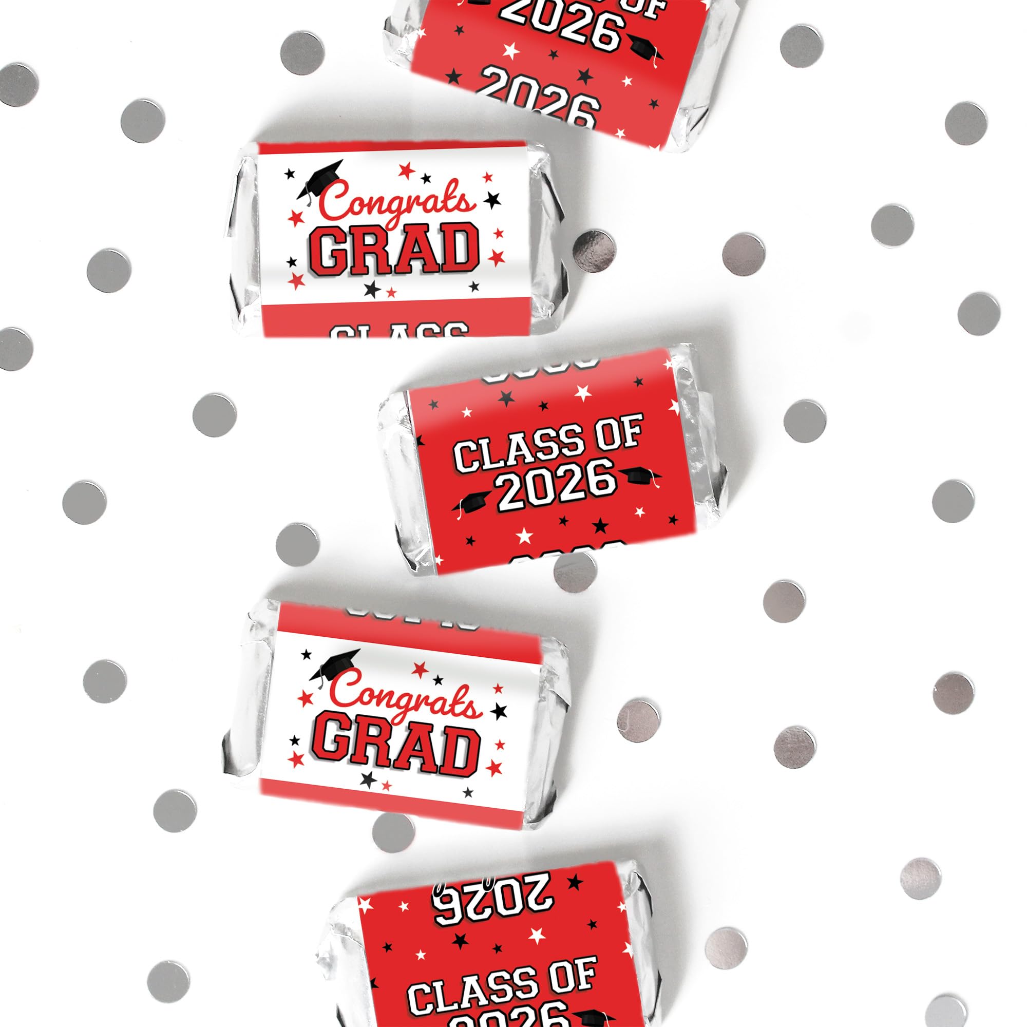 DISTINCTIVS Class of 2026 Graduation Mini Candy Bar Wrappers - Party Favor Stickers for Miniature Chocolate Bars - 42 Count (Red)