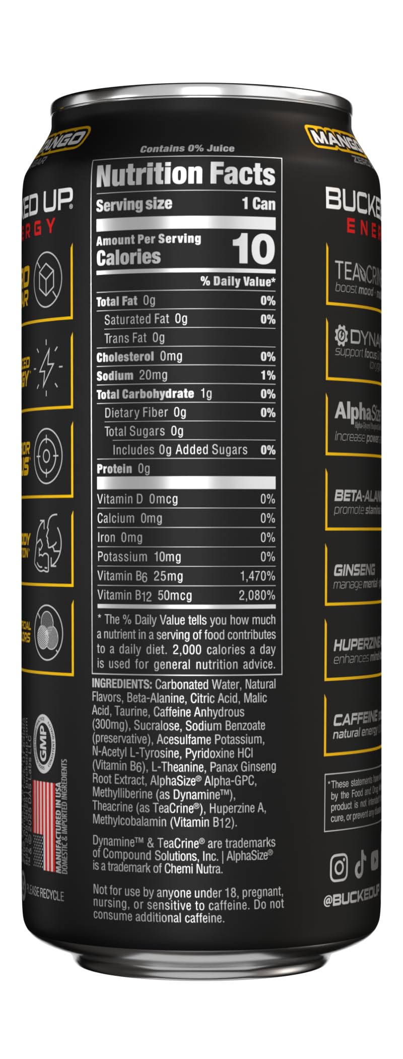 Bucked Up Energy Zero Sugar | 300mg Caffeine Energy Drink with AlphaSize TeaCrine Dynamine and Huperzine A | Zero Sugar Performance Beverage, 12 Pack