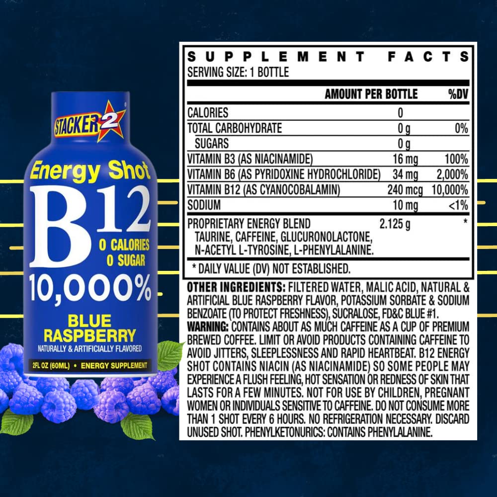 Stacker 2 Blue Raspberry B12 Energy Shot, 2oz (Pack of 24)