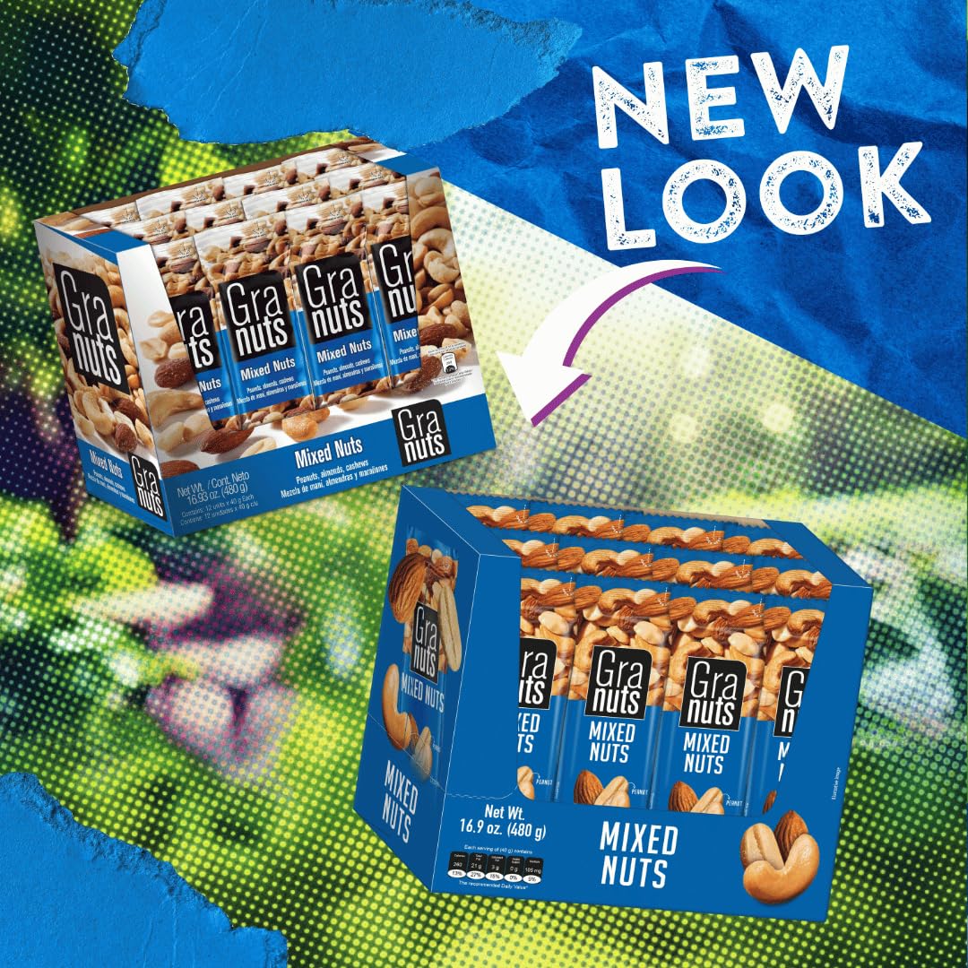 Granuts Mixed Nuts | Almonds, Peanuts & Cashews | Crunchy + Soft Textures | On-the-Go Snack | 1.41 Oz (12 Inner Packs)