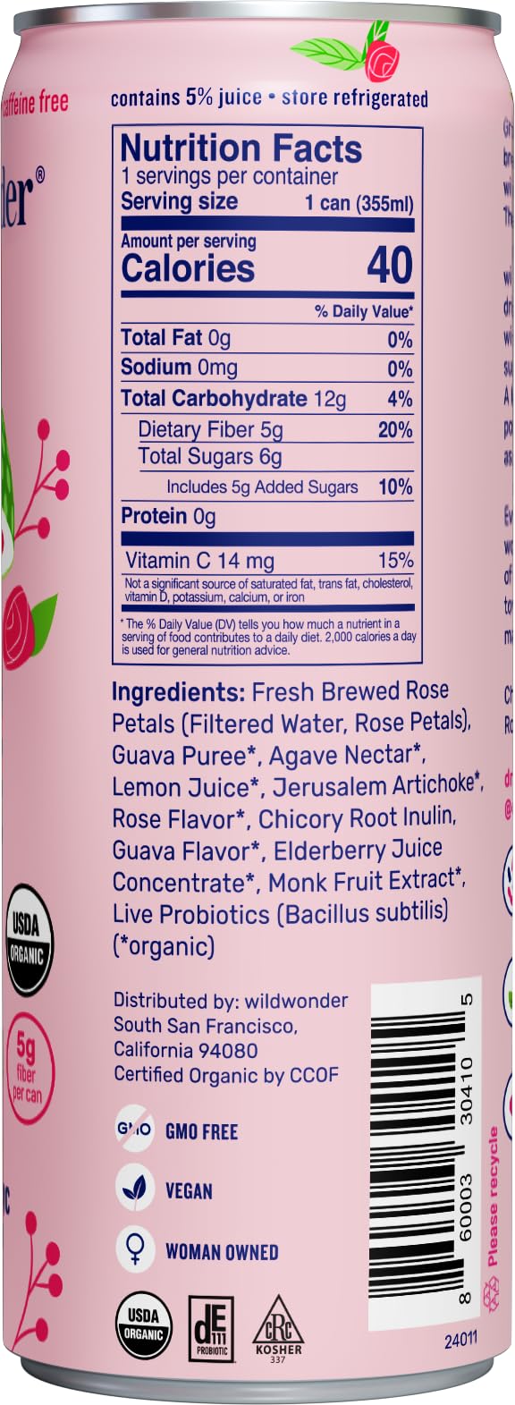 Wild Wonder Organic Guava Rose Prebiotic & Probiotic Drink, 12 FZ