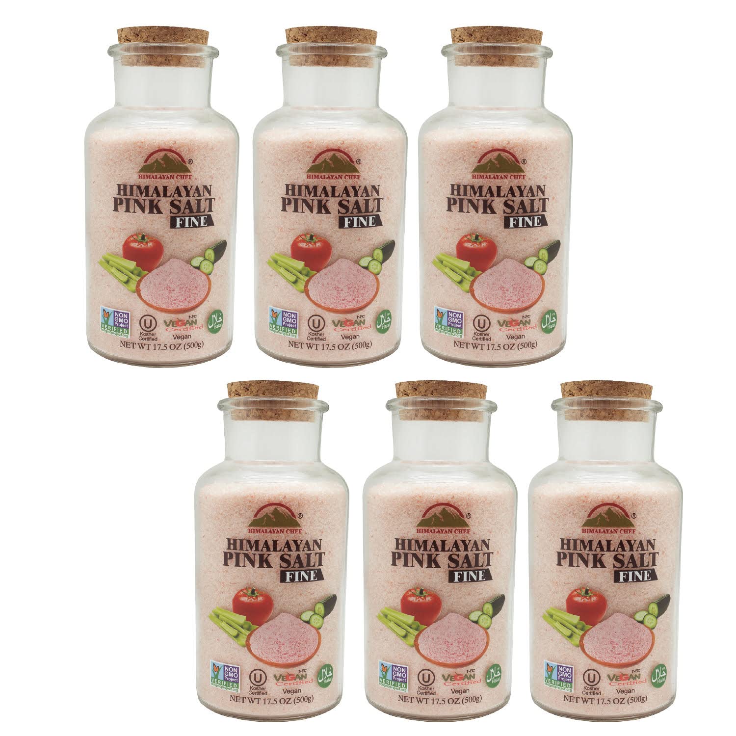 Himalayan Chef Pink Himalayan Salt, Wide Mouth Glass Jar with Cork Stopper, Reusable, 17.5 Ounce (PACK OF 6)