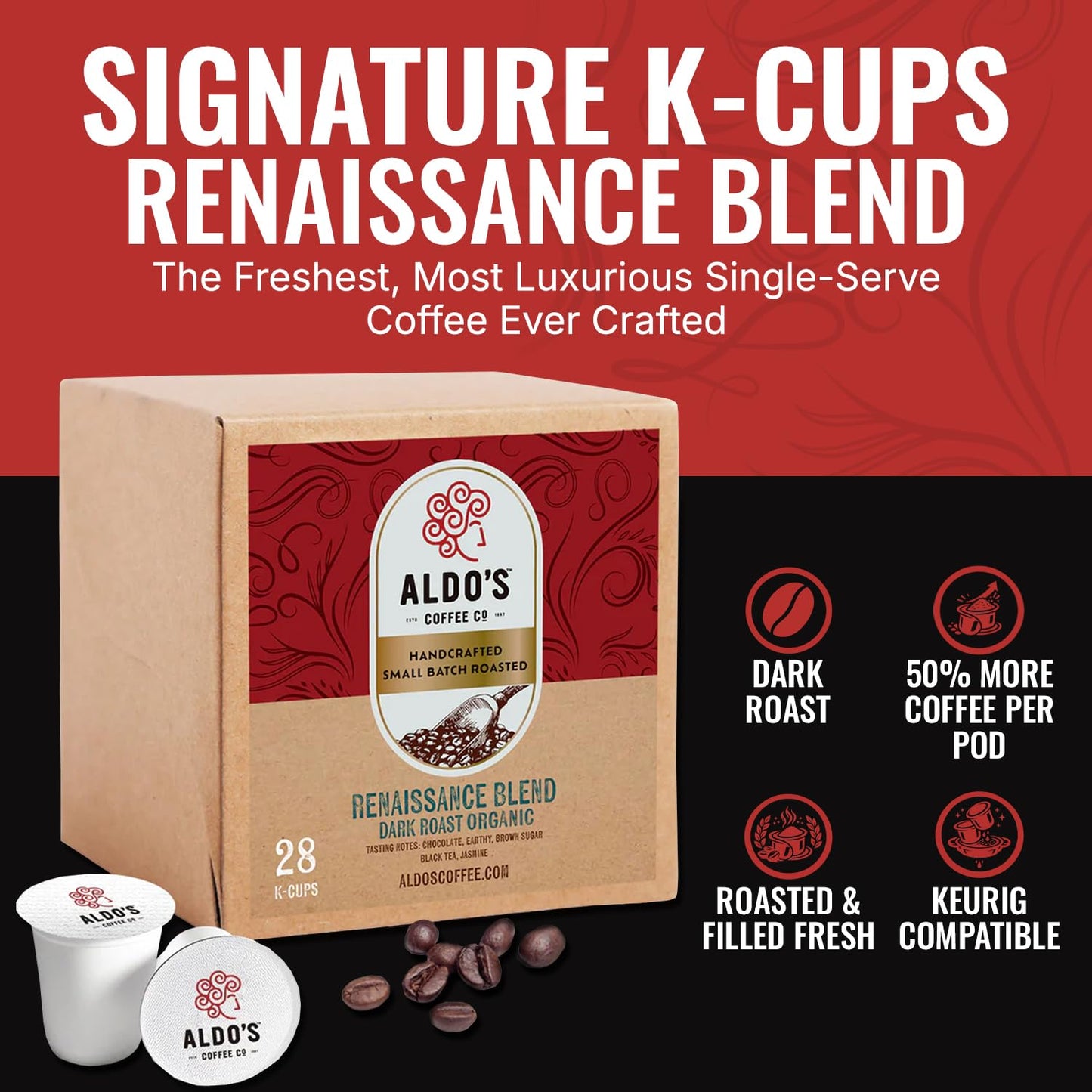 Renaissance Blend Dark Roast Single-Serve Coffee Pods - Organic Arabica Coffee, 28 Single-Serve Pods, Handcrafted Small-Batch Flavor