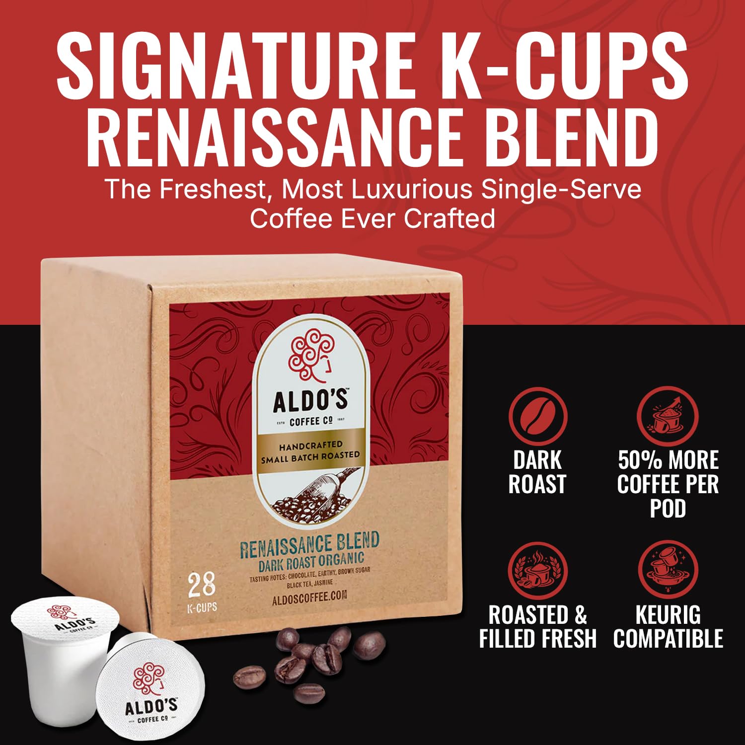 Renaissance Blend Dark Roast Single-Serve Coffee Pods - Organic Arabica Coffee, 28 Single-Serve Pods, Handcrafted Small-Batch Flavor