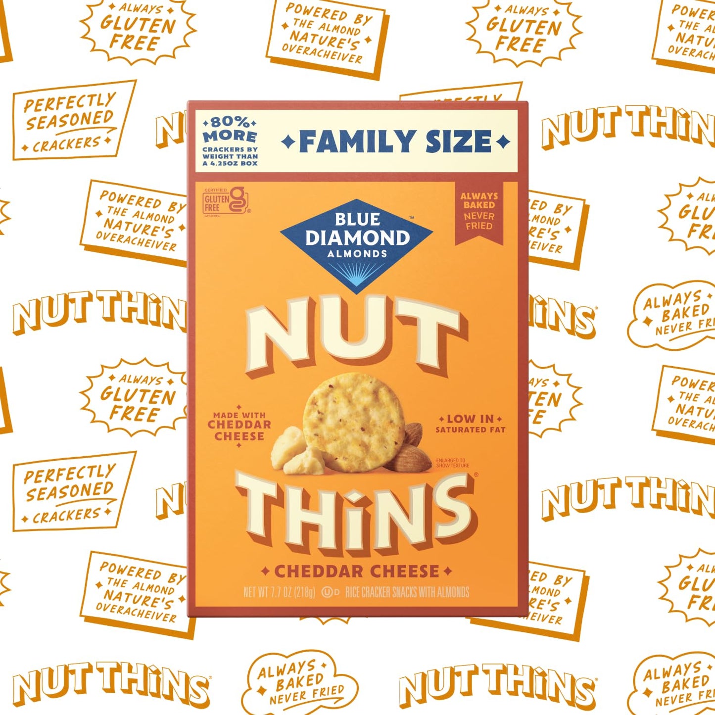 Blue Diamond Almonds Nut-Thins Gluten Free Cracker Crisps, Cheddar Cheese, Family Size, 7.7 oz