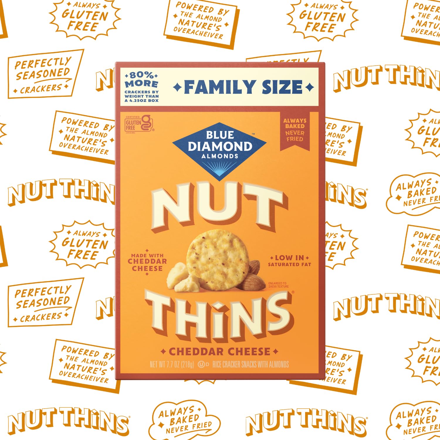 Blue Diamond Almonds Nut-Thins Gluten Free Cracker Crisps, Cheddar Cheese, Family Size, 7.7 oz