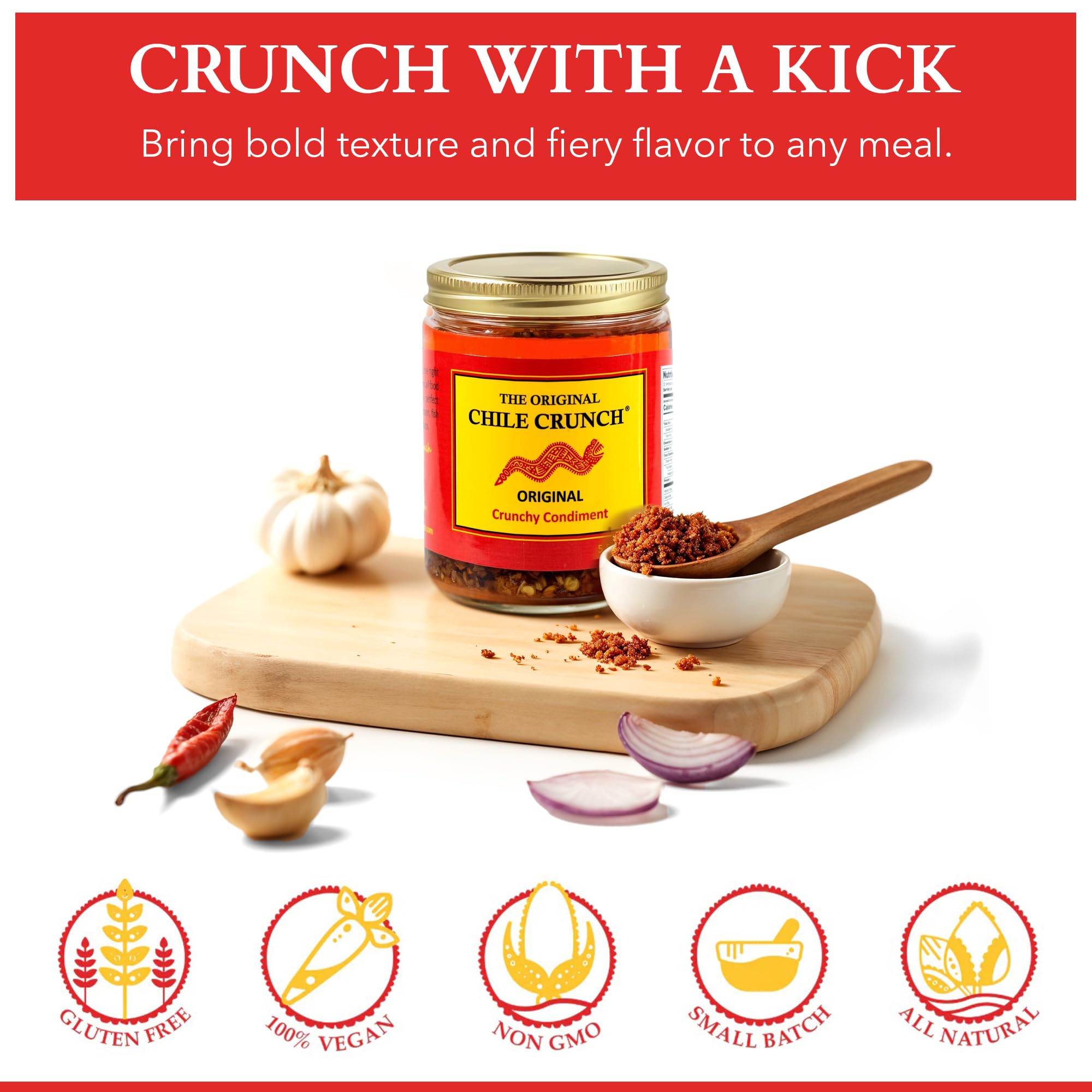 CHILE CRUNCH - Original Spicy Crunchy Condiment - All Natural Roasted Chili Peppers, Garlic & Onion Crisp Sauce - Vegan, Gluten-Free, No Preservatives