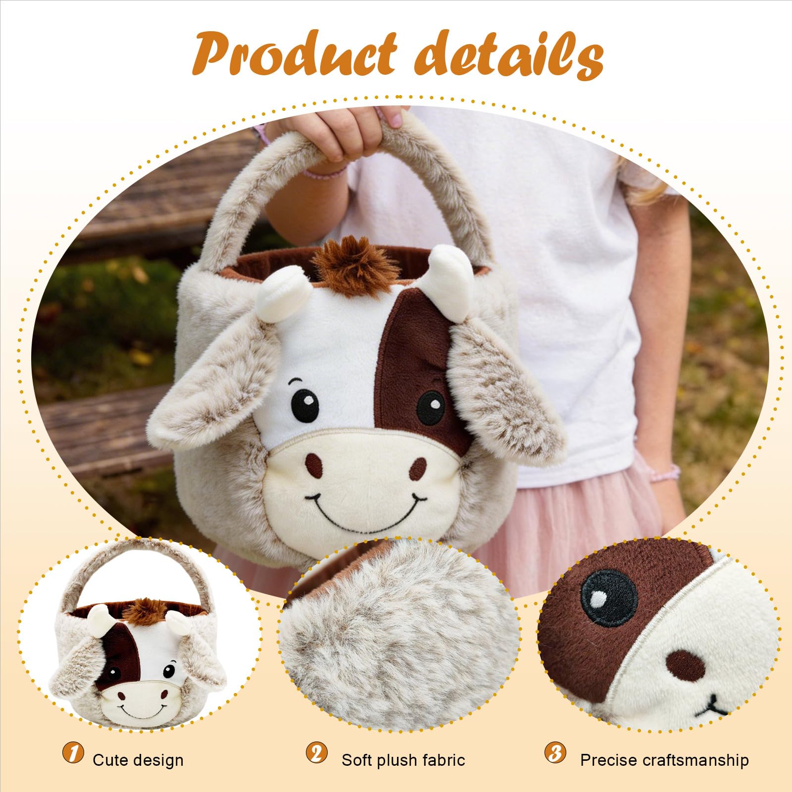 Easter Basket, Cute Cow Plush Baskets, Easter Egg Hunt Buckets, Easter Decorations Indoor Outdoor, Cute Easter Gifts for Kids, Adults, Teens