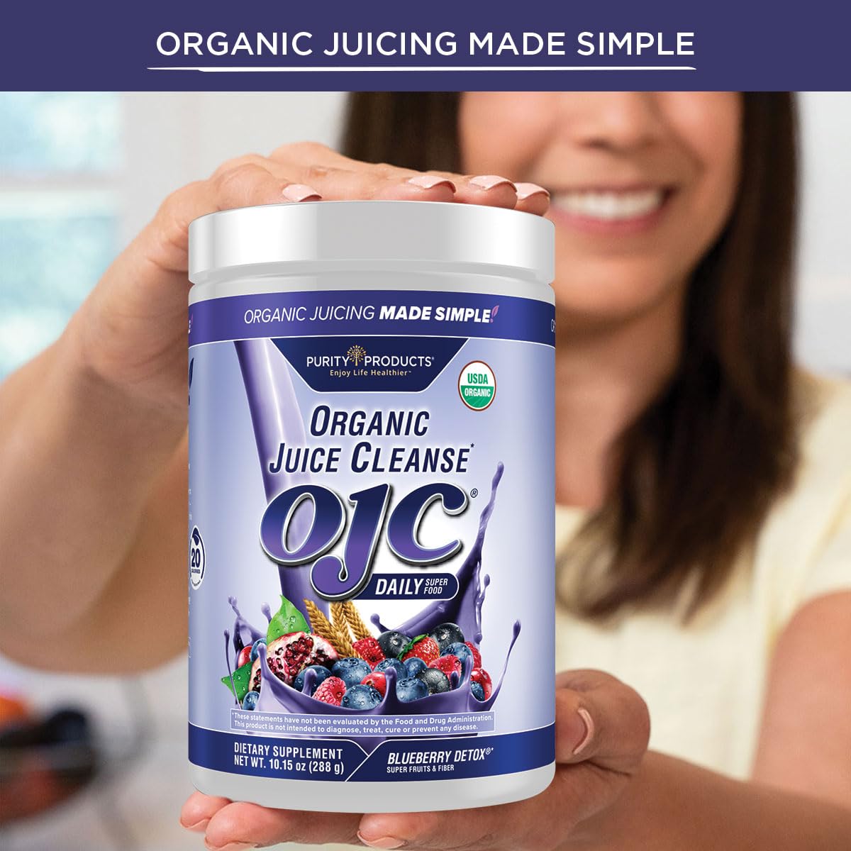 Purity Products OJC Blueberry Detox - Certified Organic Juice Cleanse Bloat + Gas Relief- Ft. OptiBiome Probiotics, Organic Super Fruits + 4 Grams