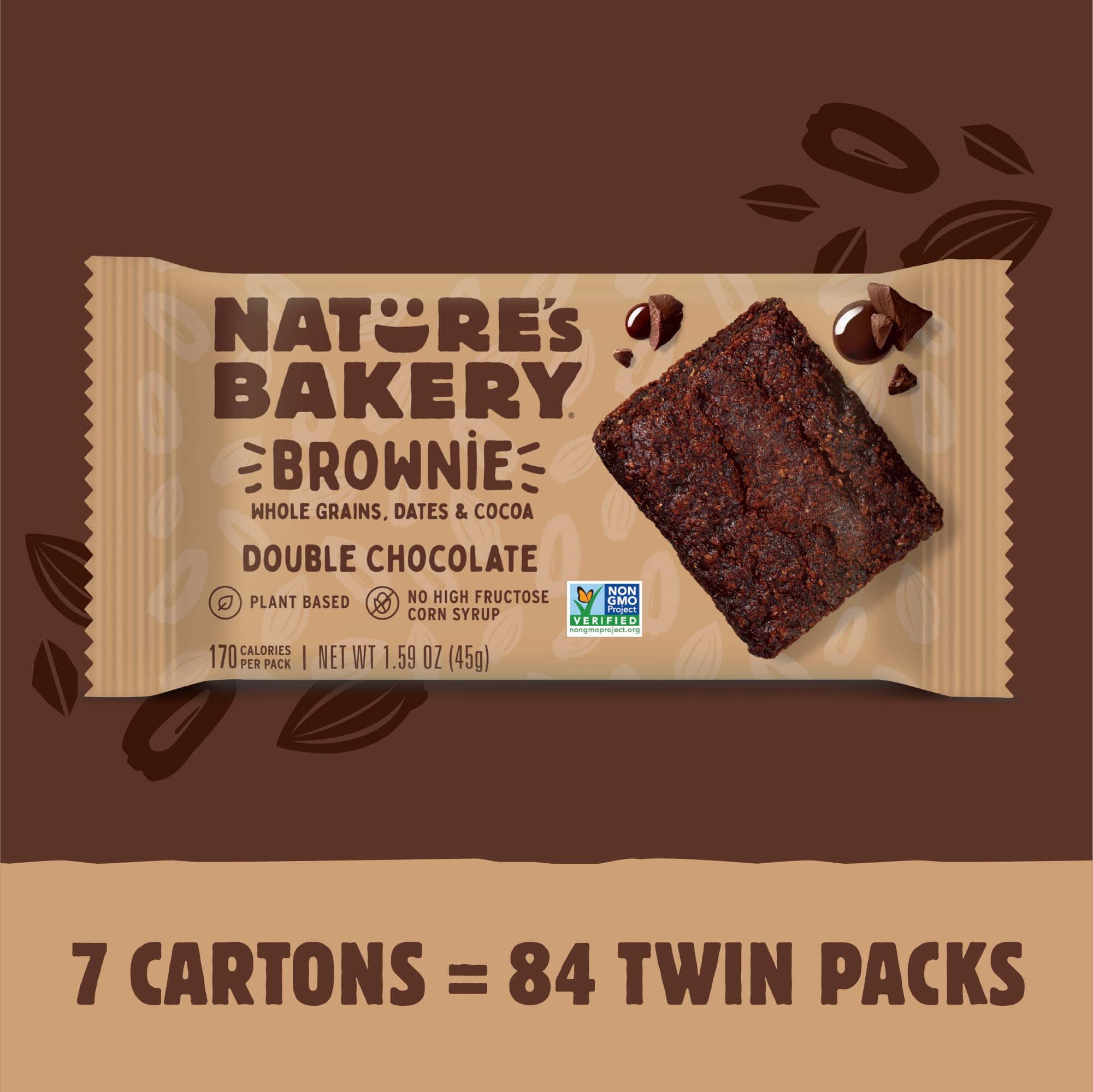 Nature’s Bakery Double Chocolate Brownie Bars, Whole Grains, Dates, and Cocoa, Plant Based, Dairy-Free, Snack Bar, 7 boxes with 12 twin packs