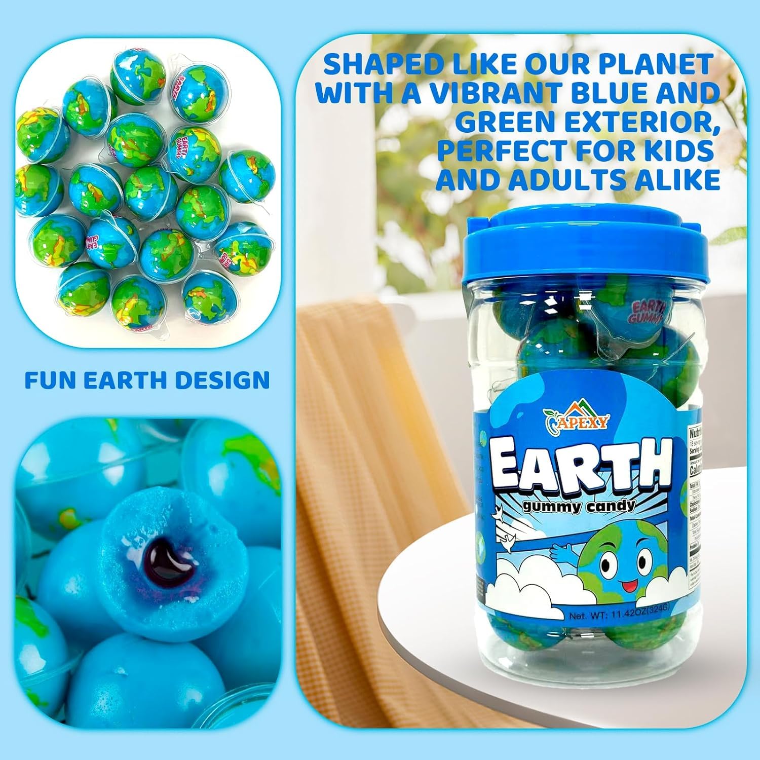 Apexy Earth Gummy Candy with Fruity Liquid Center Fat Free Fun & Delicious Space- Themed Treats Great for Halloween, Birthday, Trick Or Treat, Party