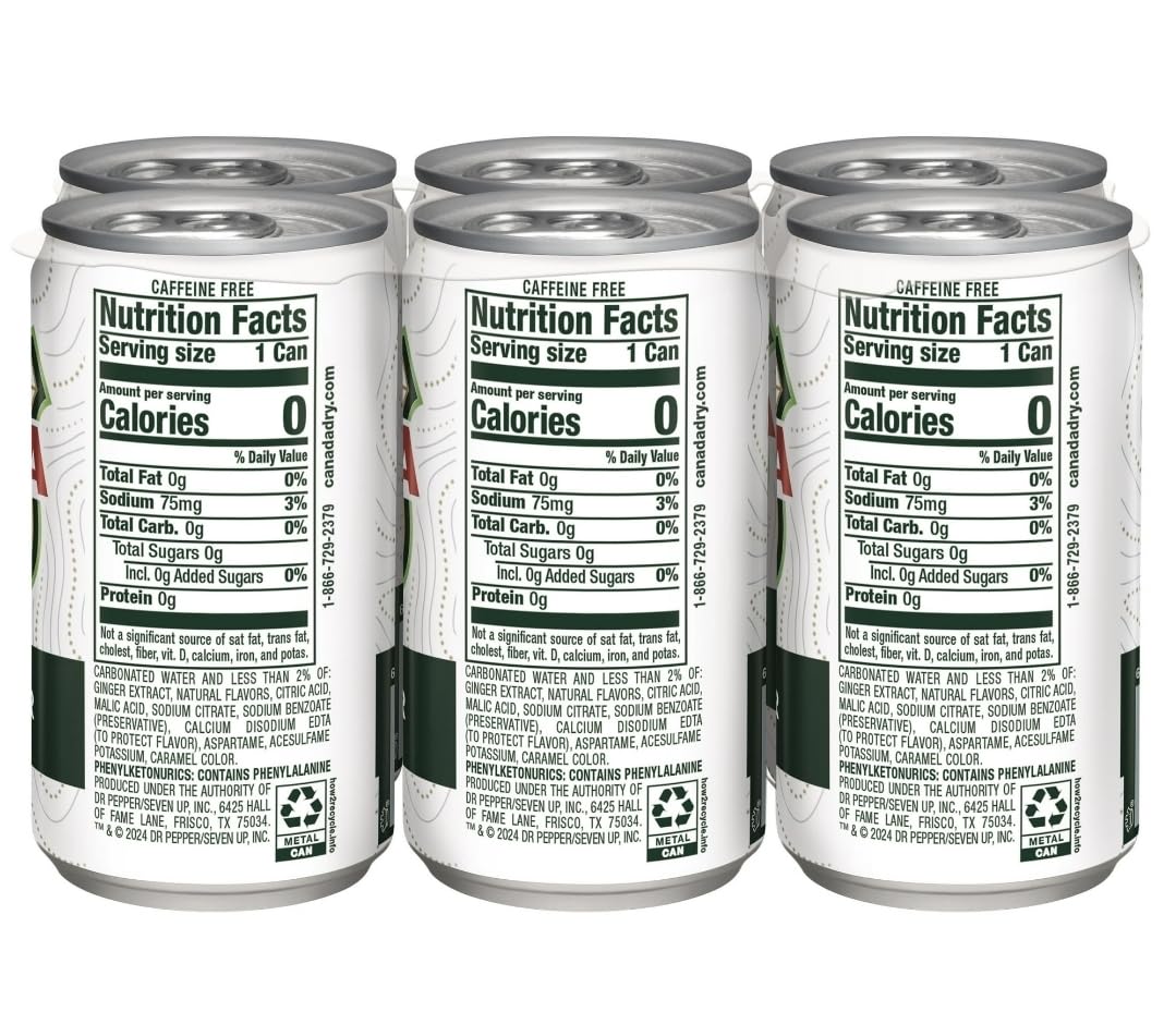 Canada Dry Ginger Ale Zero Sugar, 7.5 Fl Oz Cans, 24 Pack
