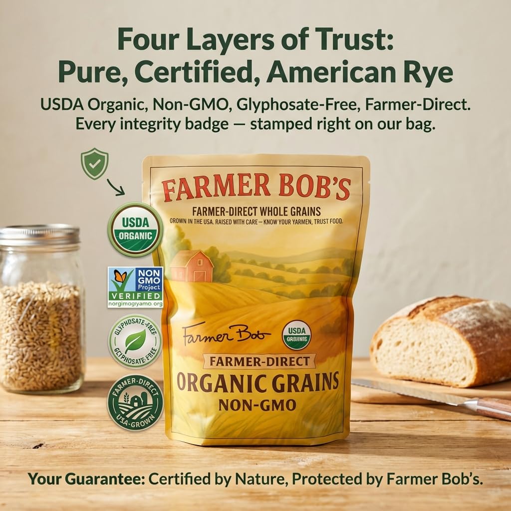 Farmer Bob's Whole Rye Berries 5lb Bag - USDA Organic, Grown in USA, Glyphosate-Free - Ideal for Bread Baking, Bulk Grain, Rich Flavor - Direct from Farm - High-Fiber, Nutrient-Packed, Versatile for Creative Cooking