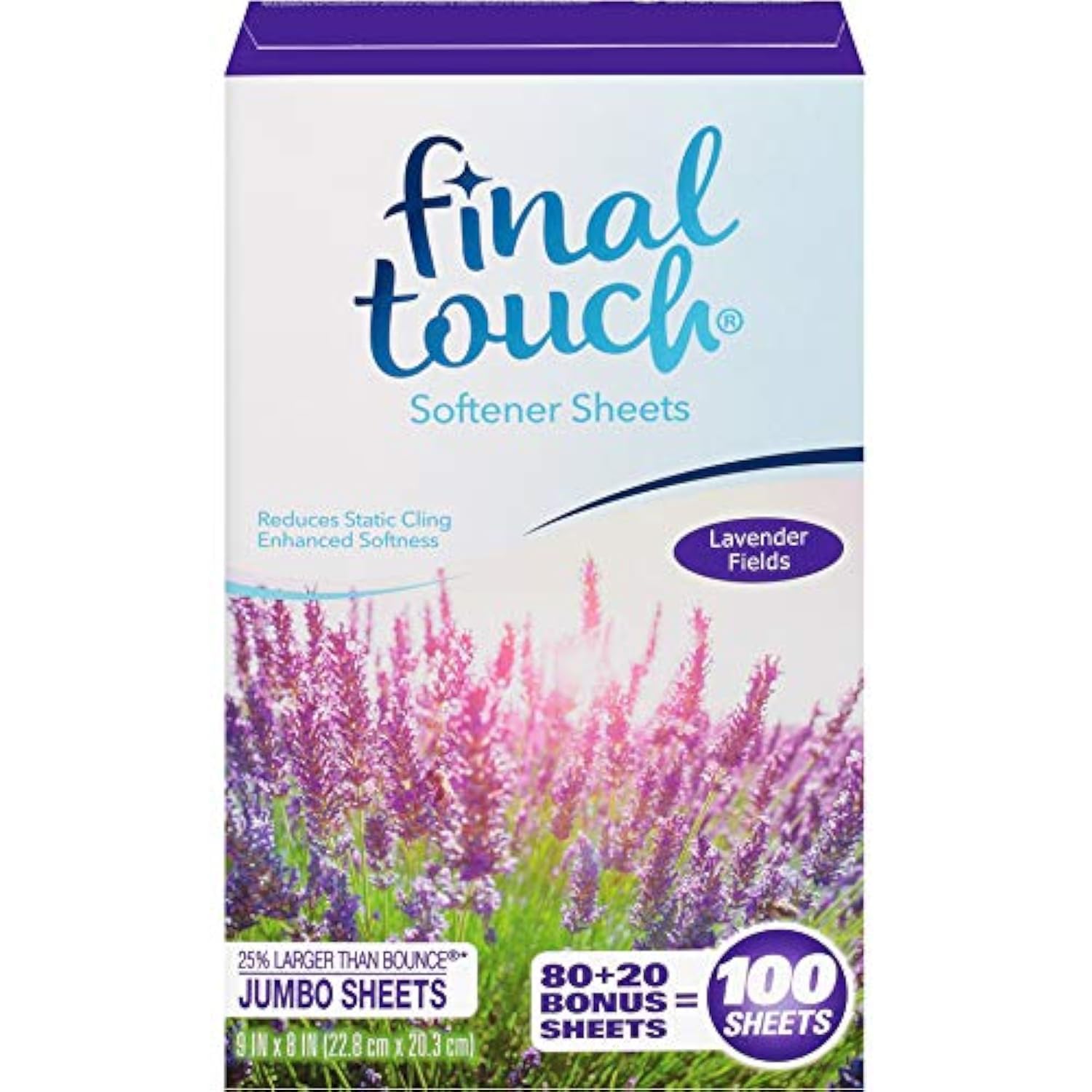 Lavender Fields Scented Fabric Softener Dryer Sheets by Final Touch | Softens & Freshens Laundry | Controls Wrinkles & Static Cling | Repels Lint