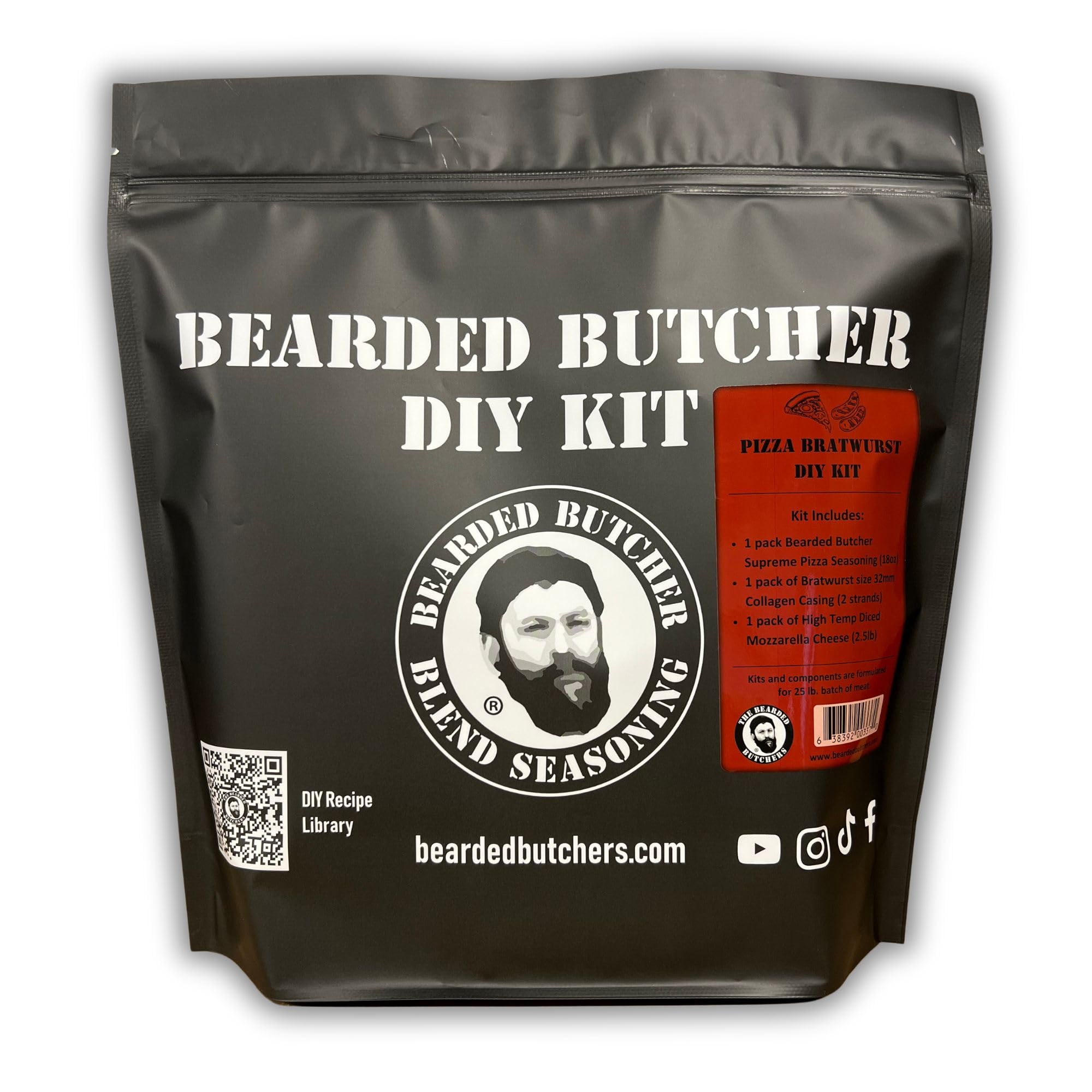 Bearded Butchers Pizza Bratwurst DIY Kit - Classic Cheesy Pizza Flavor Brats - Includes Seasoning, High-Temp Diced Mozzarella Cheese, and 32mm
