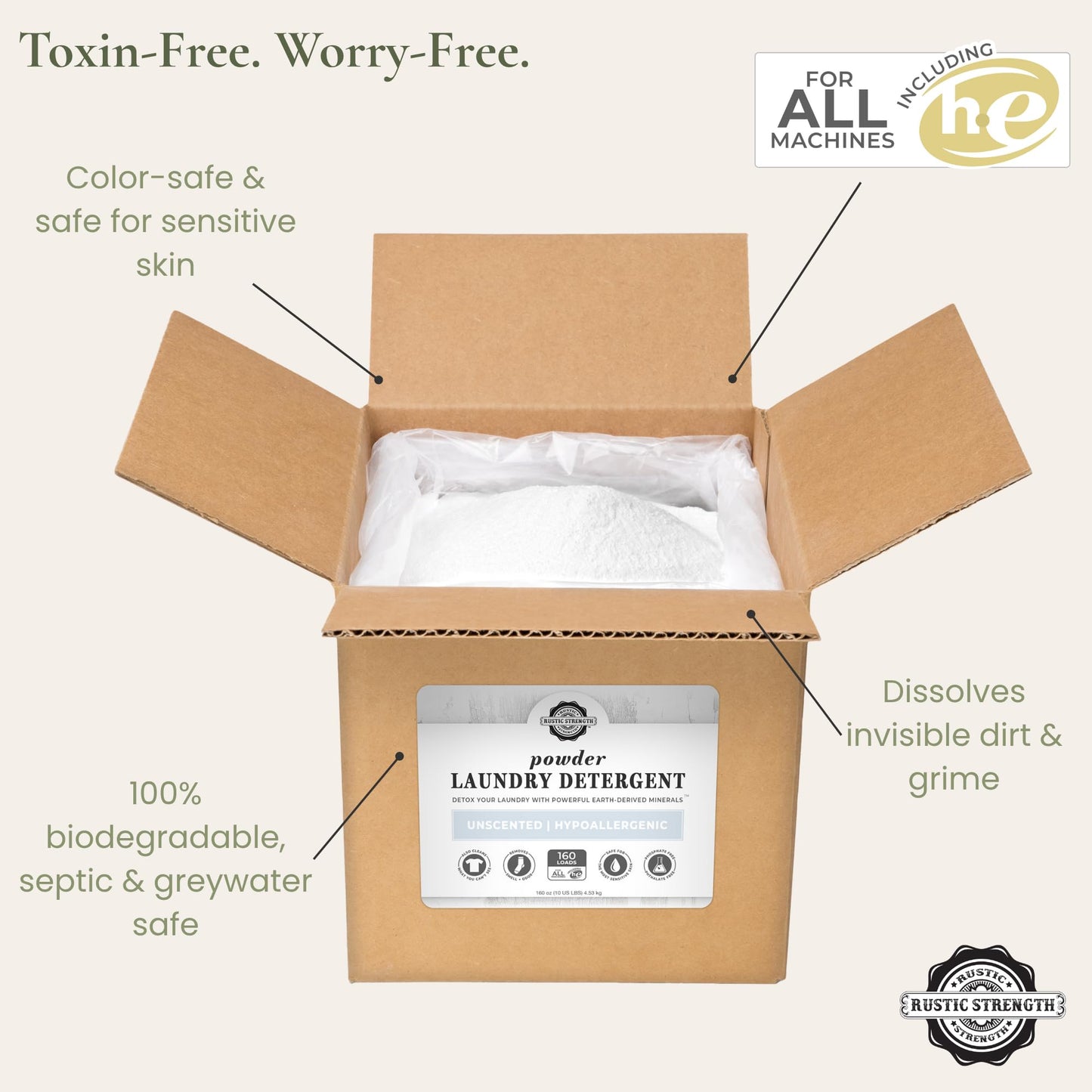 Rustic Strength Natural Powdered Laundry Detergent, Unscented, Color Safe, Sensitive Skin, 10 lb