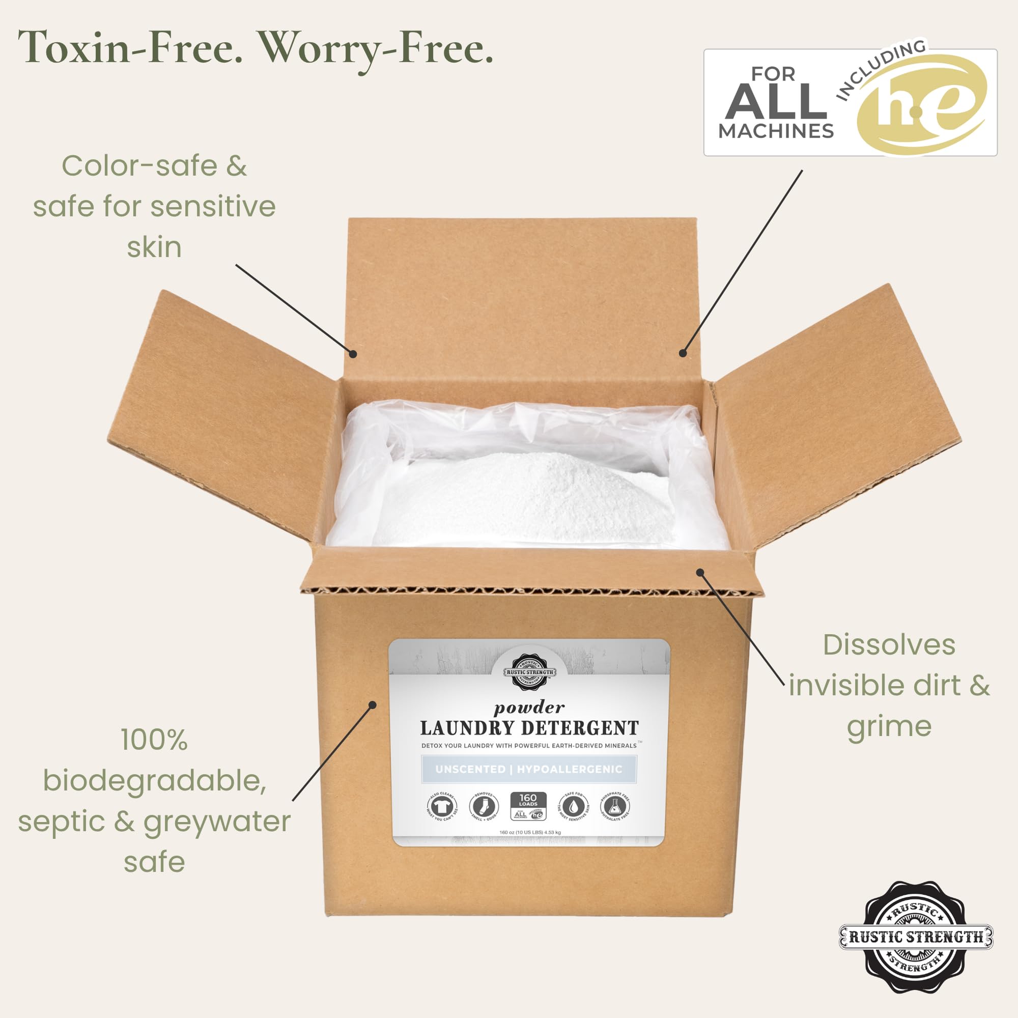 Rustic Strength Natural Powdered Laundry Detergent, Unscented, Color Safe, Sensitive Skin, 10 lb