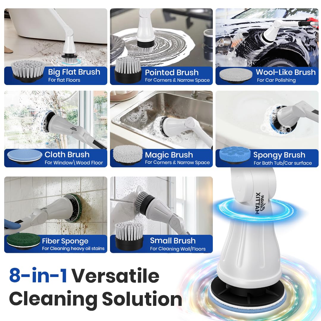 Cleanmattix - 8-in 1Multifunctional Electric Cleaning Brush, Wireless, Waterproof Expandable Handle, 3 Speed with Adjustable Handle, 8 Scrub Brush