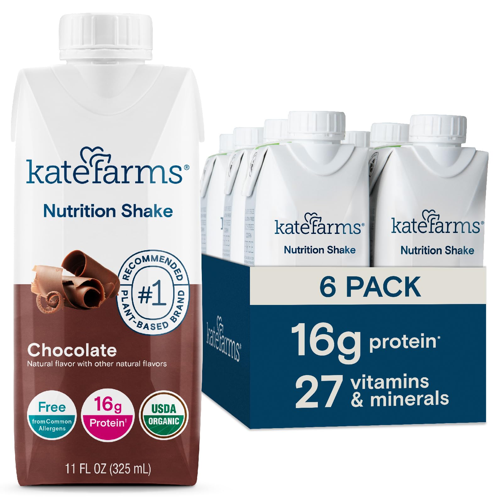 KATE FARMS Organic Nutrition Shake, Strawberry, 16g Protein, 27 Vitamins and Minerals, Meal Replacement Shake, 11 oz (6 Pack)