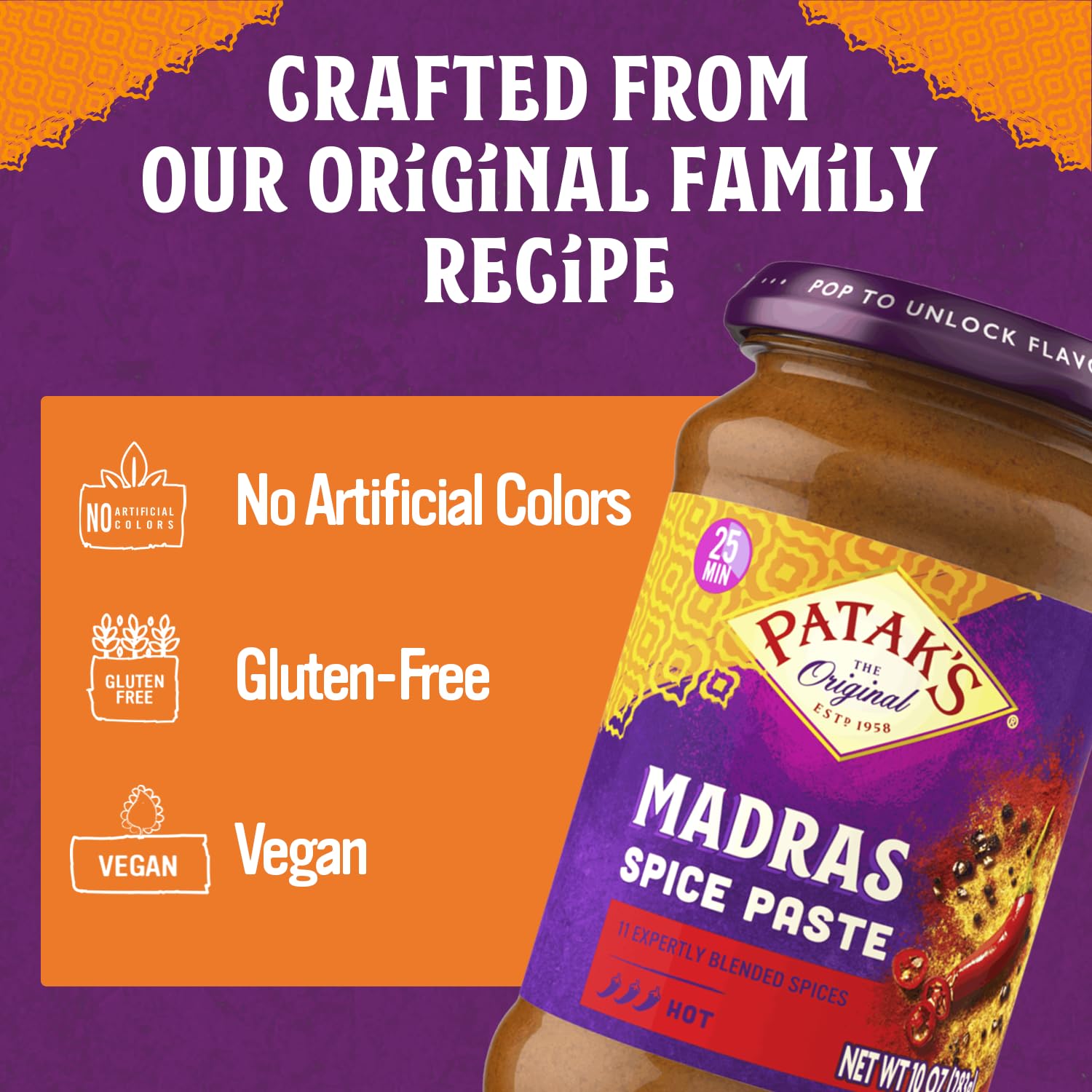 Patak's Madras Spice Paste, Hot Indian Curry with 11 Expertly Blended Spices, No Artificial Colors, Gluten-Free & Vegan, Bold Base for Home Cooking