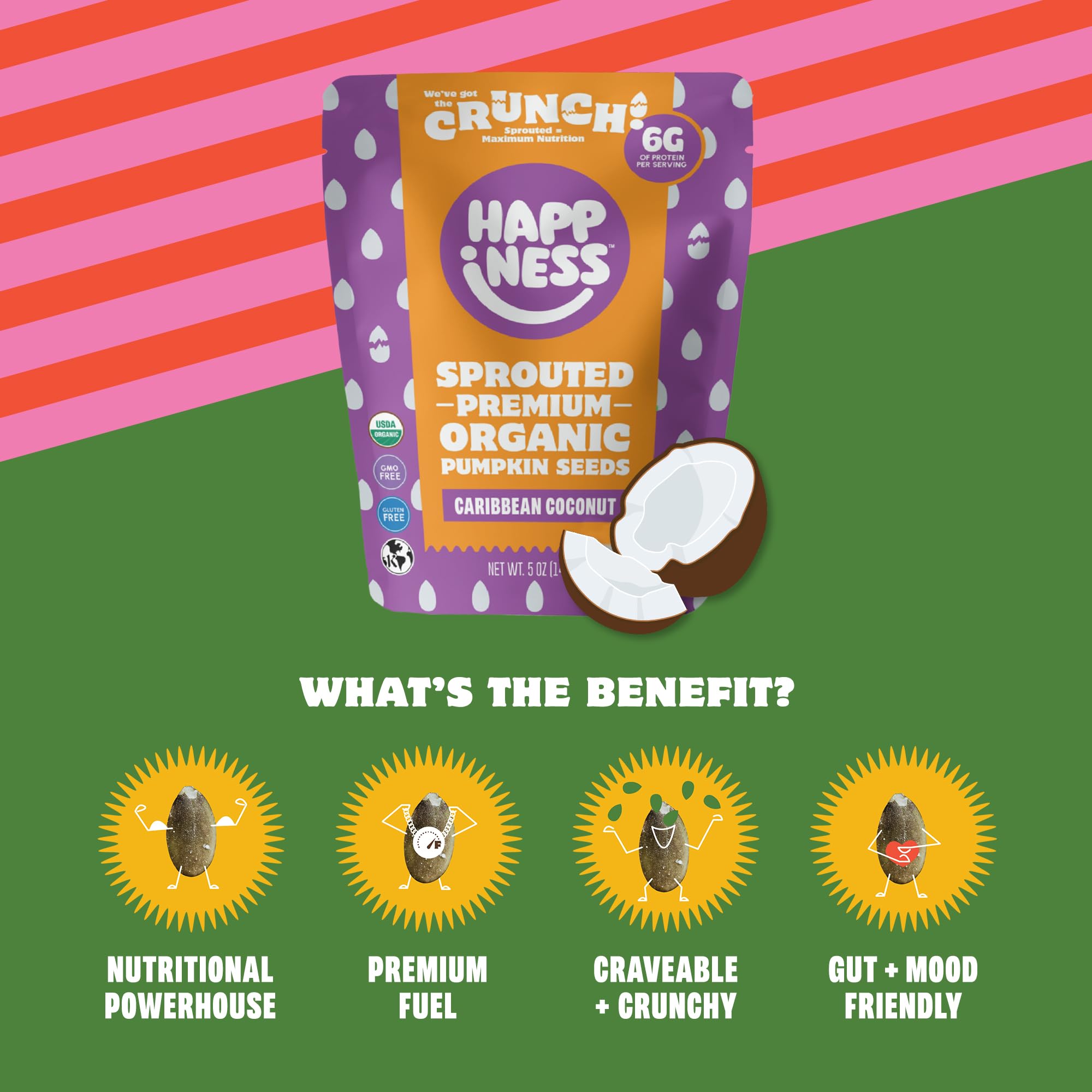 Happiness Foods™ Caribbean Coconut - Sprouted Organic Raw Pumpkin Seeds - High Protein, Certified USDA Organic, Non-GMO, Low Carb, Vegan, Gluten-Free