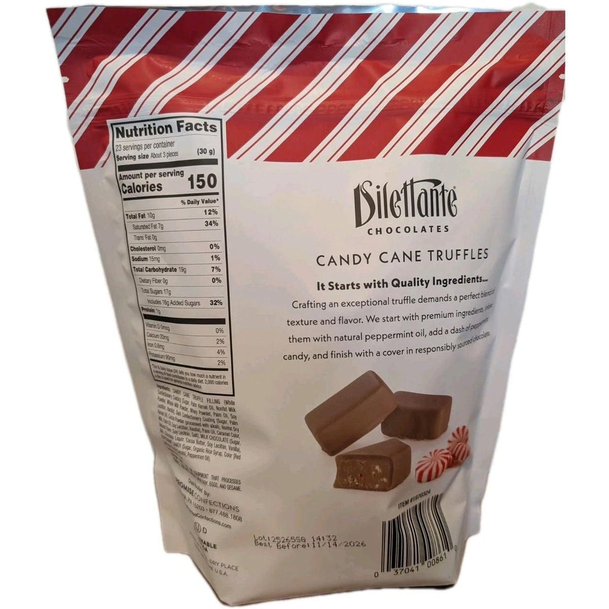 Dilettante Chocolates Candy Cane Truffles, Milk Chocolate Peppermint Ganache, Ethically Sourced, 24 Oz ~69 Pieces Individually Wrapped