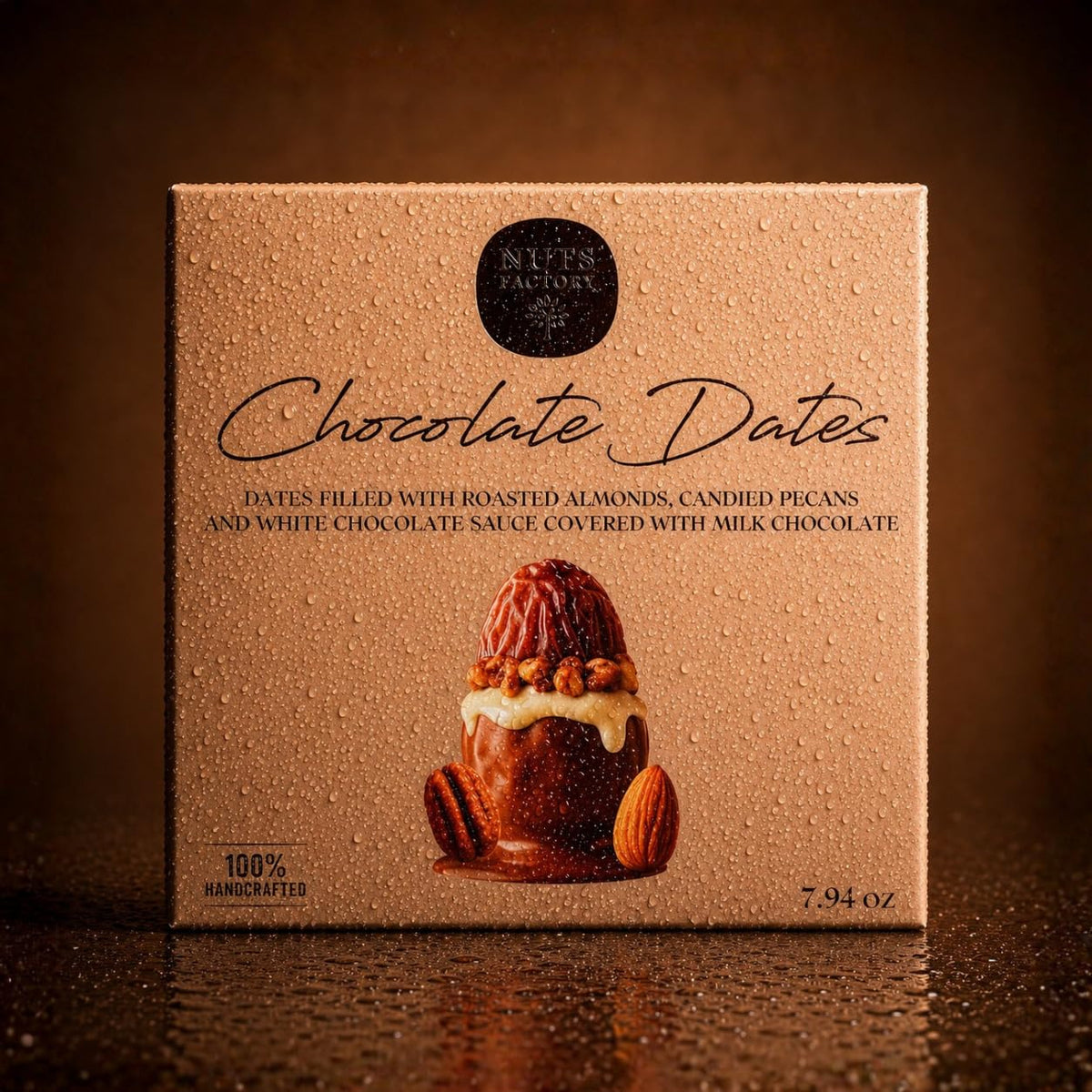 Nuts Factory Chocolate Dates - Milk Chocolate Covered Dates with Roasted Almonds, Candied Pecans & White Chocolate Sauce, Gourmet Stuffed Dates