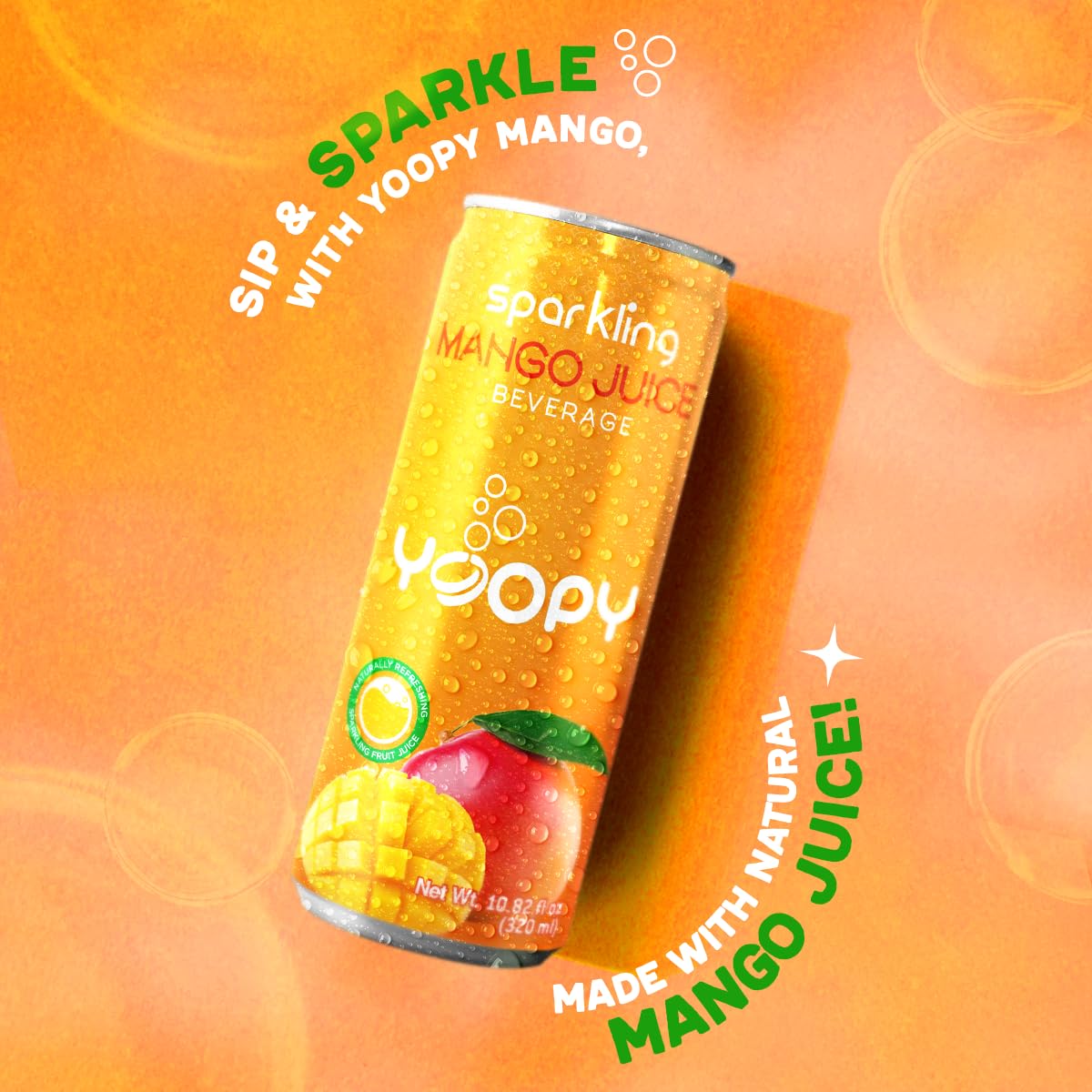 Yoopy Sparkling Mango Juice - 12-Pack (10.82 fl oz Cans) - 55% Mango Juice - No Added Sugar - Natural Hydration with Tropical Flavor - Ideal