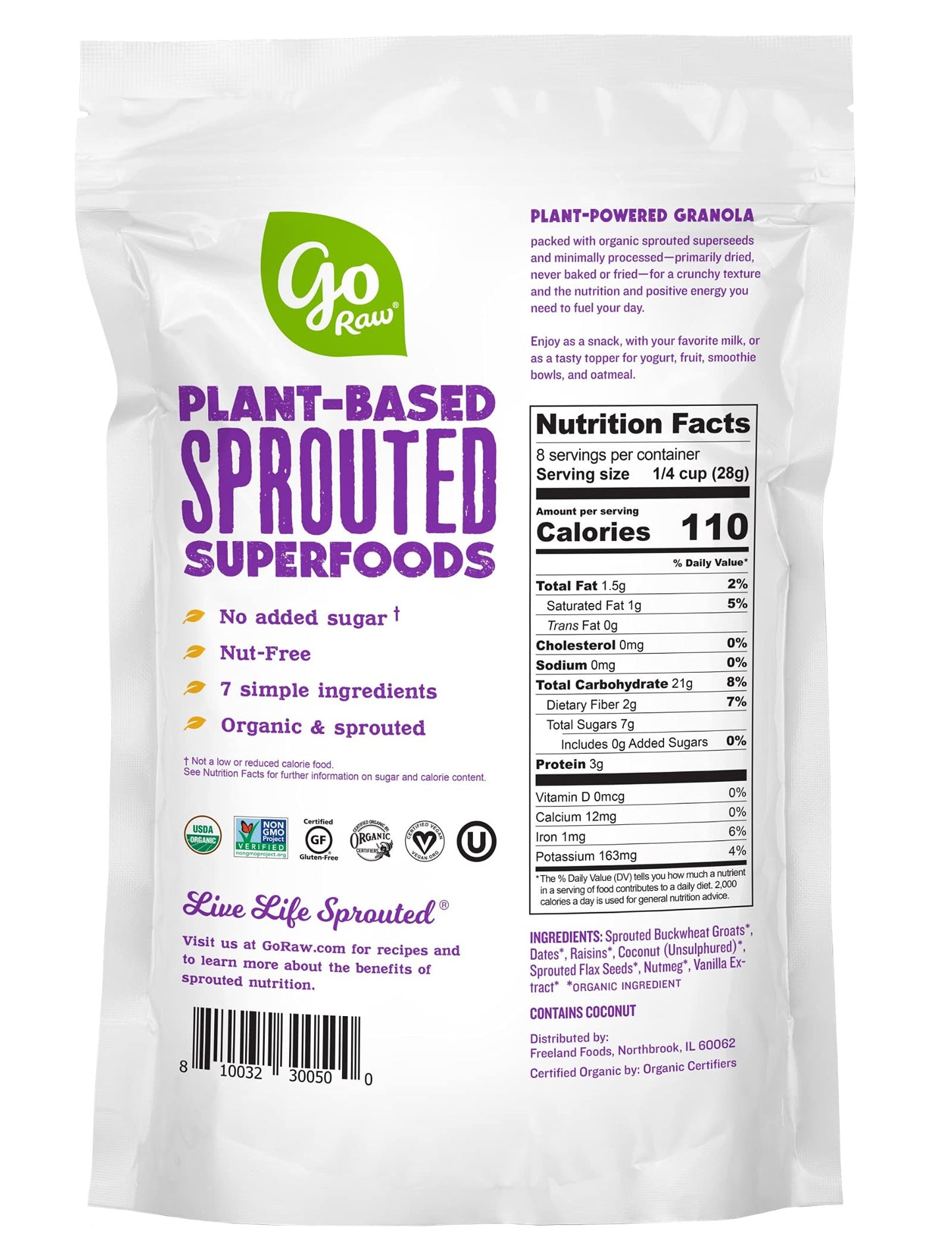 Go Raw Sprouted Organic Granola, Raisin Crunch, Vegan, Gluten Free, Nut Free, Healthy Breakfast Cereal with Superseeds, Non-GMO, 0g Added Sugar, 3g