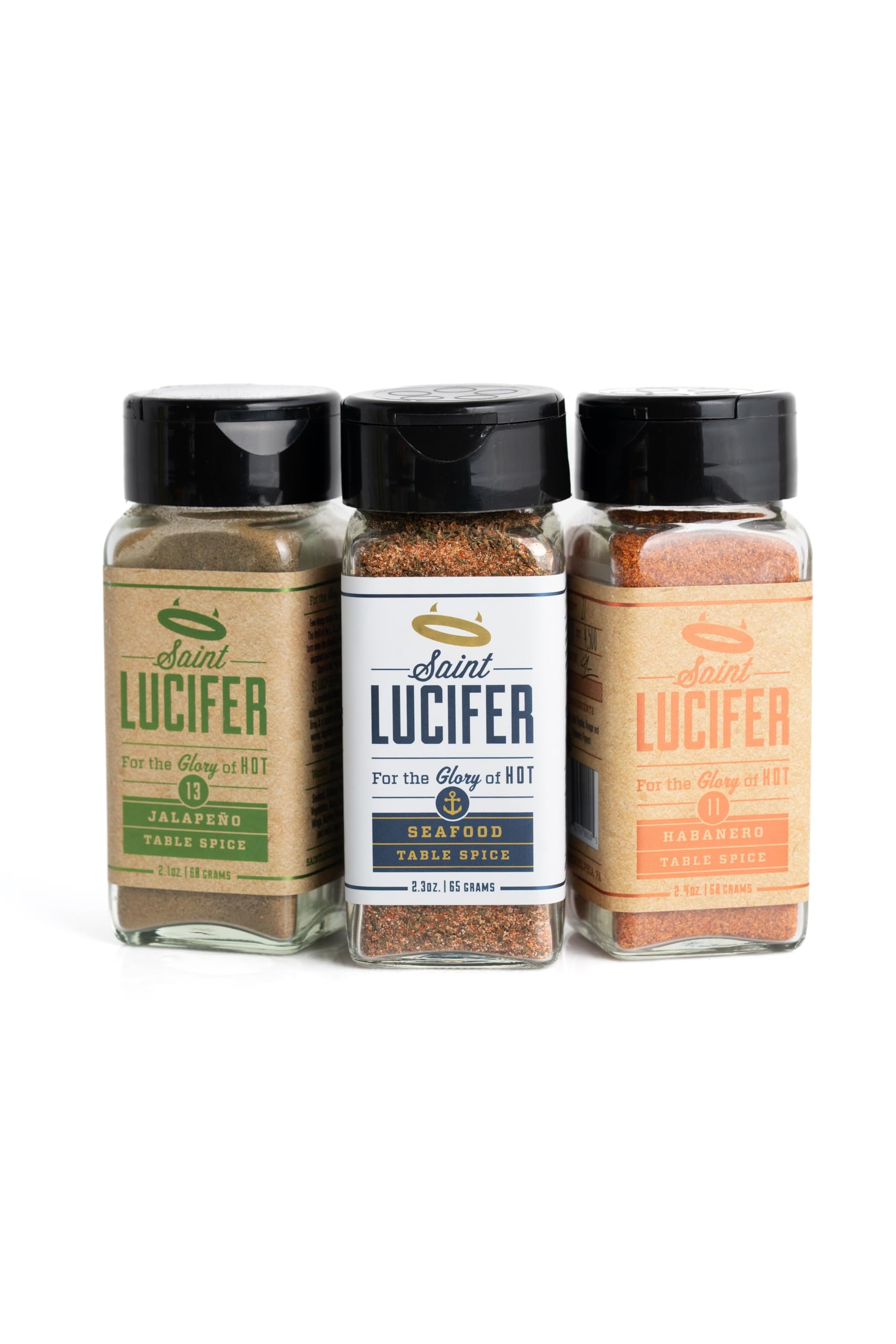 Saint Lucifer, Triple Combo Pack, 3x 2.4 oz | Habanero, Jalapeño, and Seafood Seasonings, Made In The USA, Gluten Free, Sugar Free, Vegan, Vegetarian