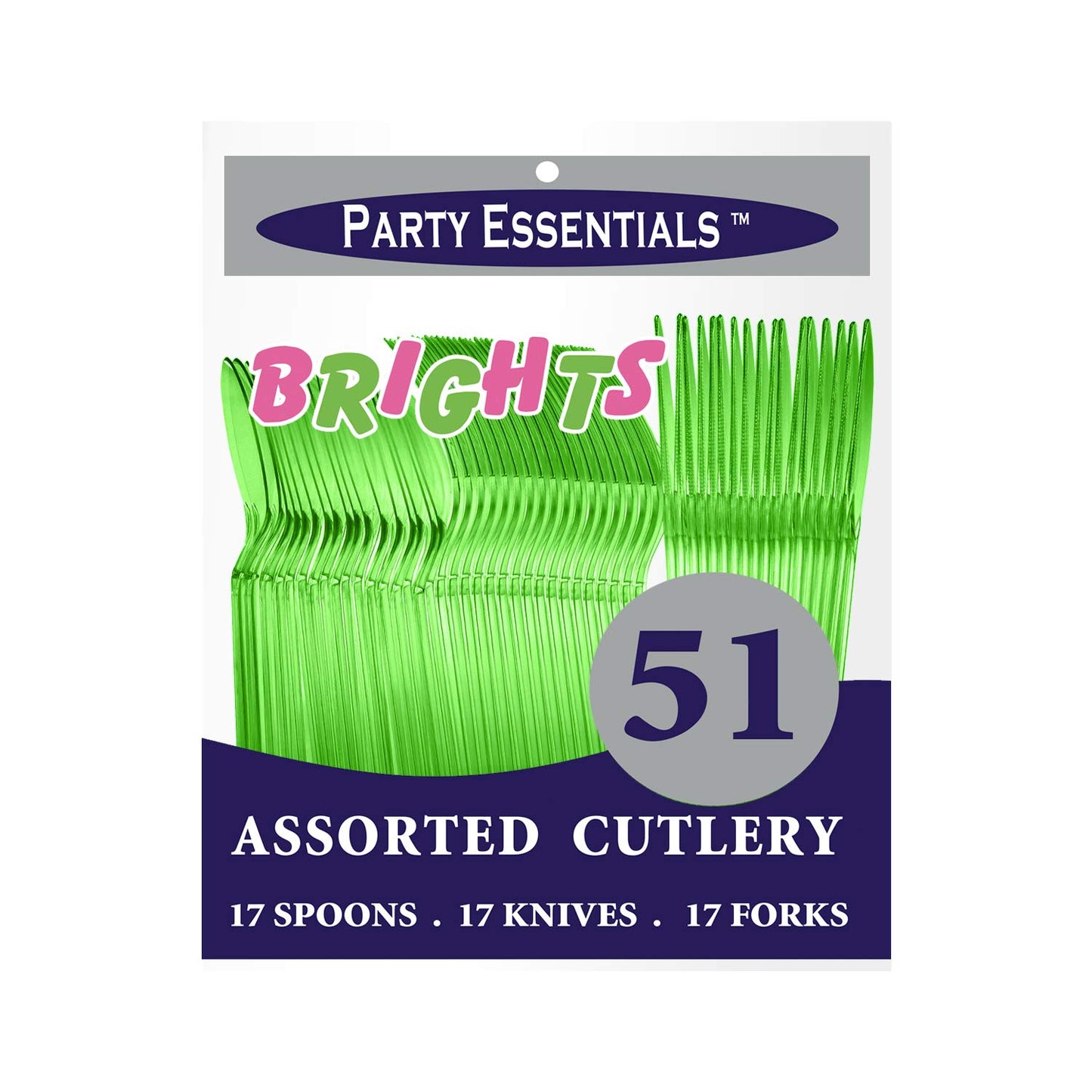 Party Essentials Hard Plastic Cutlery Combo Pack, 51 Pieces/17 Place Settings, Neon Green