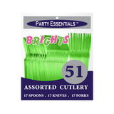 Party Essentials Hard Plastic Cutlery Combo Pack, 51 Pieces/17 Place Settings, Neon Green