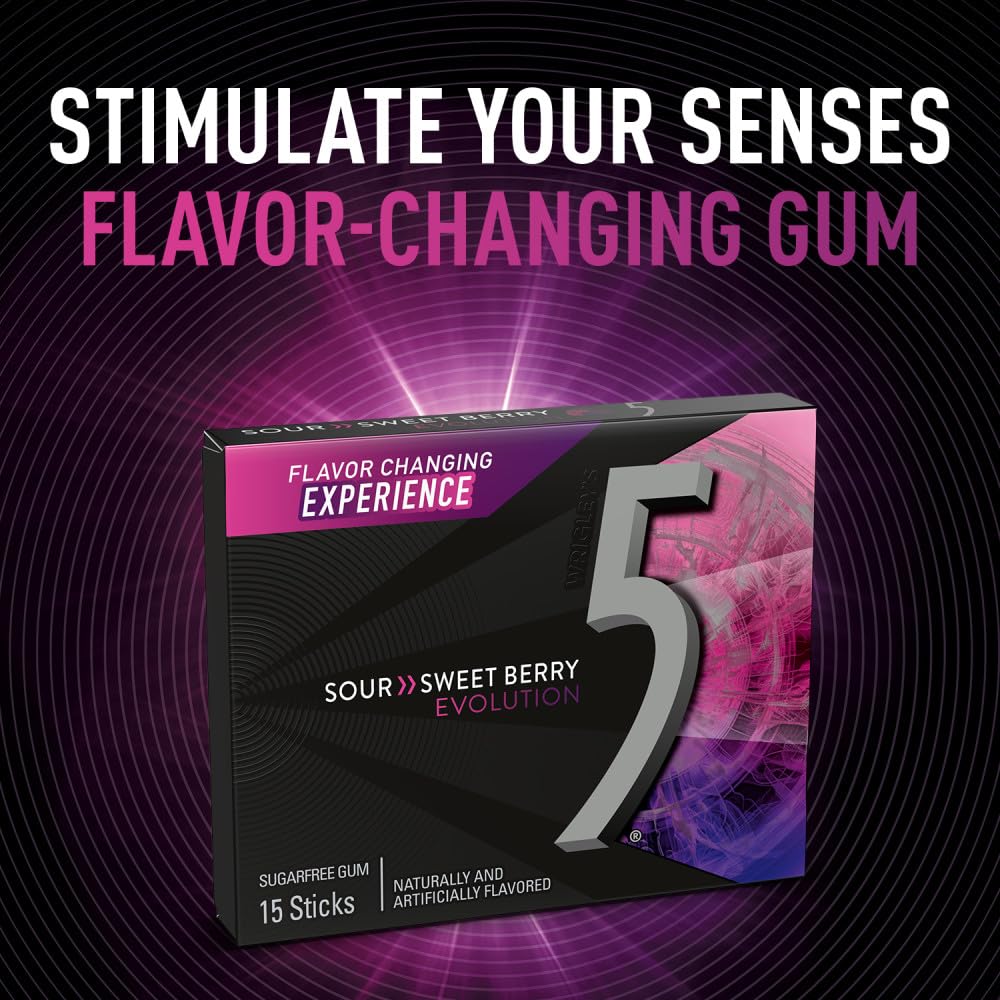 5 GUM Evolution Sour to Sweet Berry Flavor Changing Sugar Free Chewing Gum, 15-Stick Pack, 10 Count