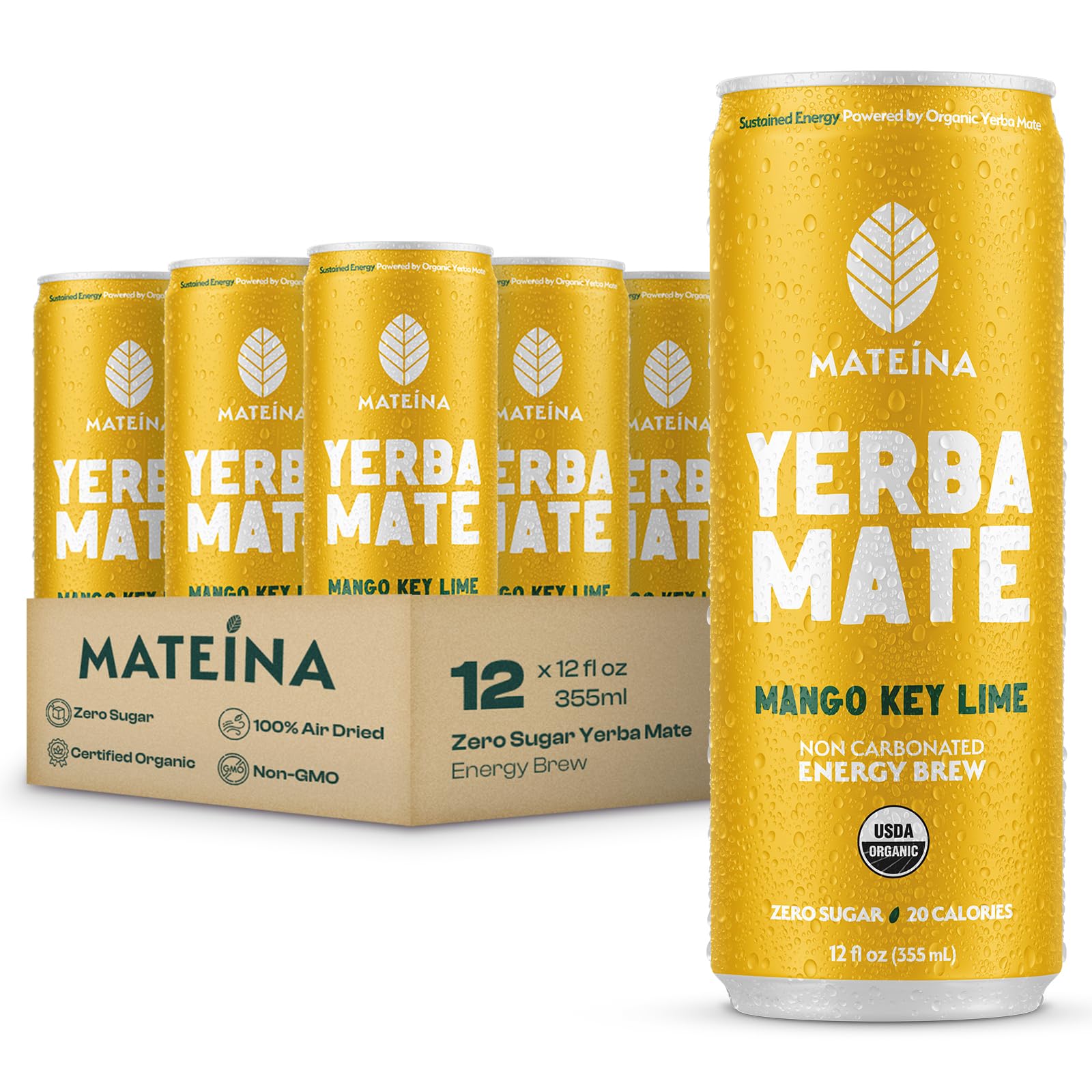 Mateina Yerba Mate Zero Sugar Energy Drink - 120mg Natural Caffeine - Organic, Non-GMO, Non-Carbonated - Dr. Andrew Huberman Recommended - (12 fl oz