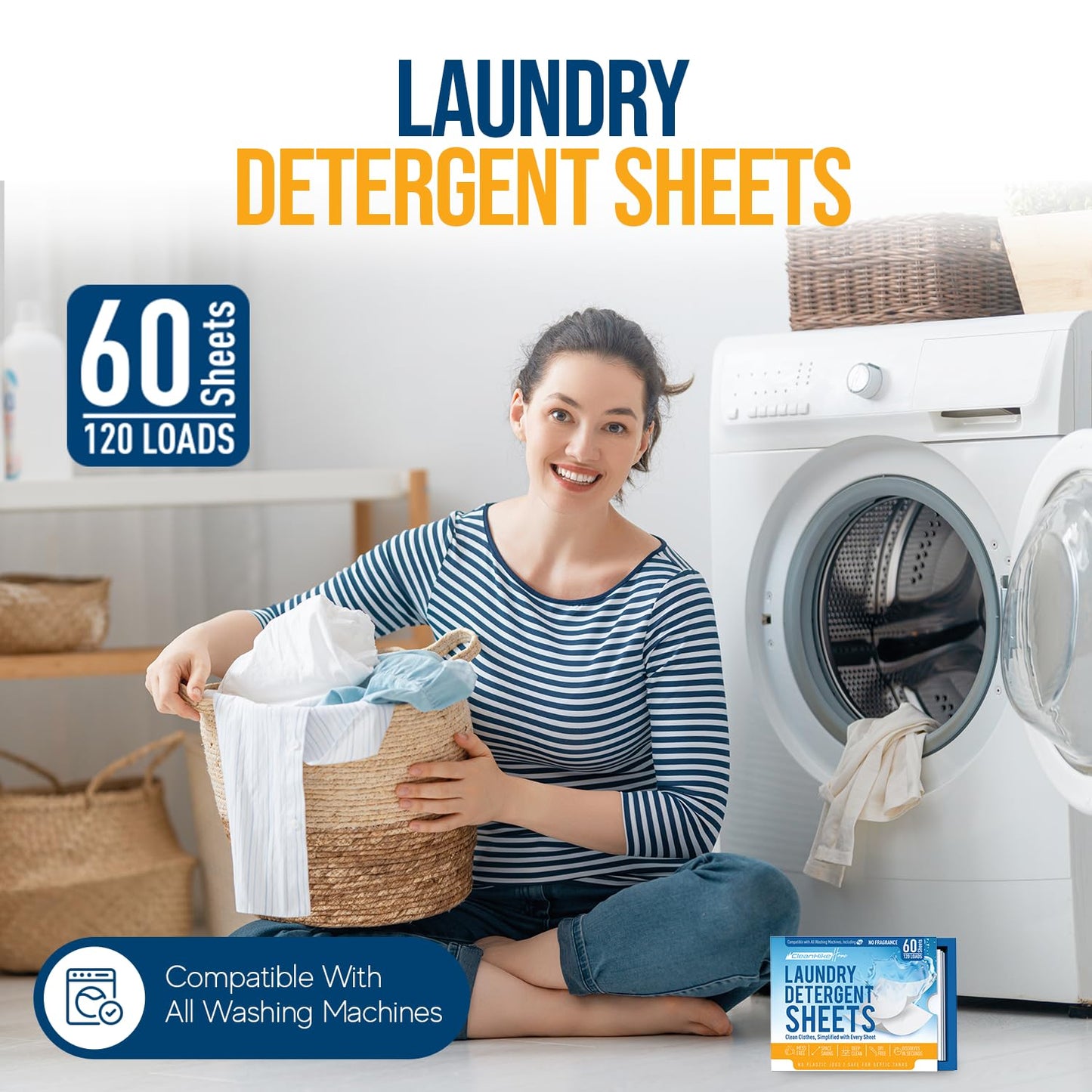 Free and Clear Laundry Detergent Sheets - 120 Loads Unscents Fragrance-Free, Paraben-Free, Plastic-Free, Compact, Liquidless for all Washing Machines