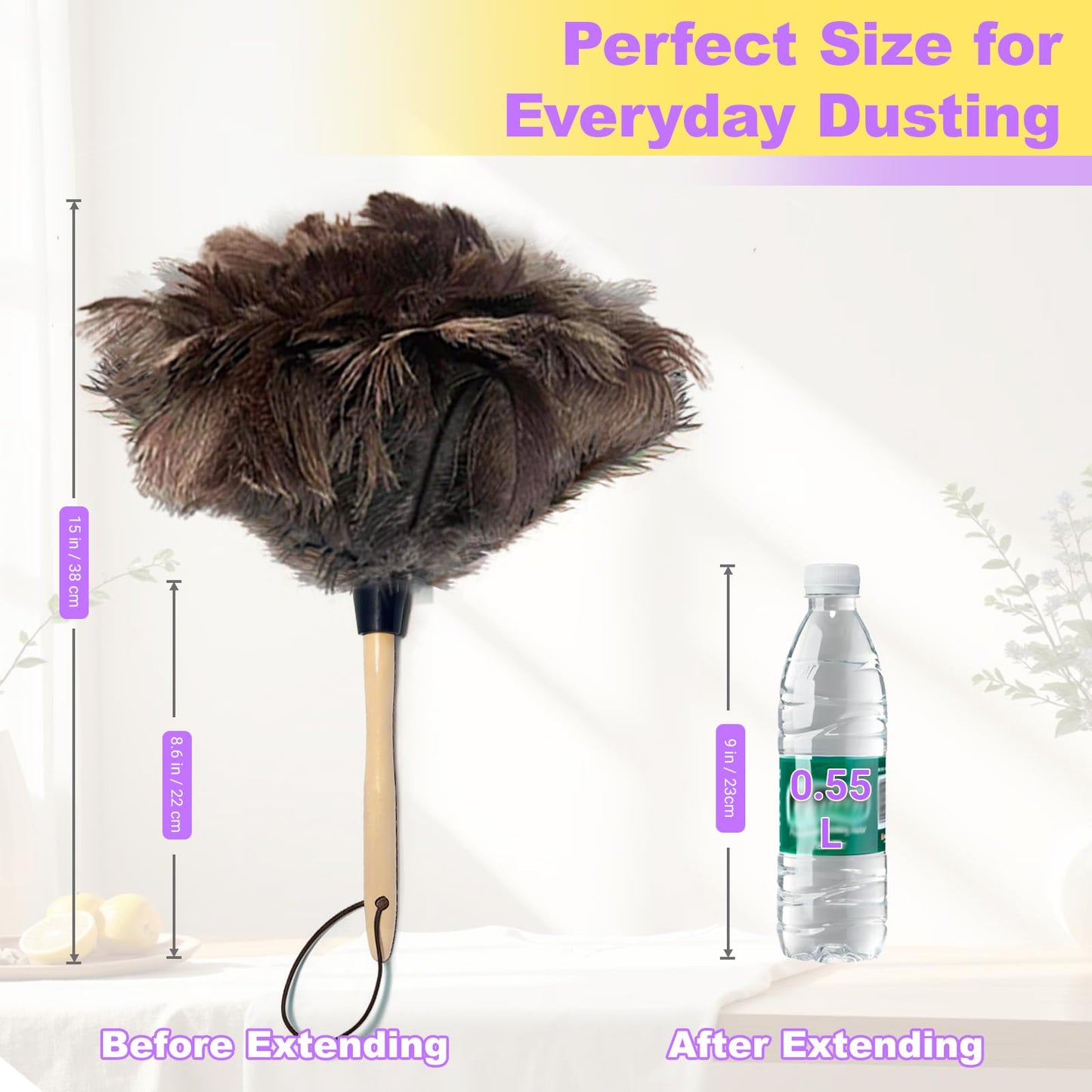 NCEDN Genuine Ostrich Feather Duster 15 inches - Soft Dense Real Feathers, Wooden Handle, Feather Duster for Cleaning Furniture, Blinds & Car Interior