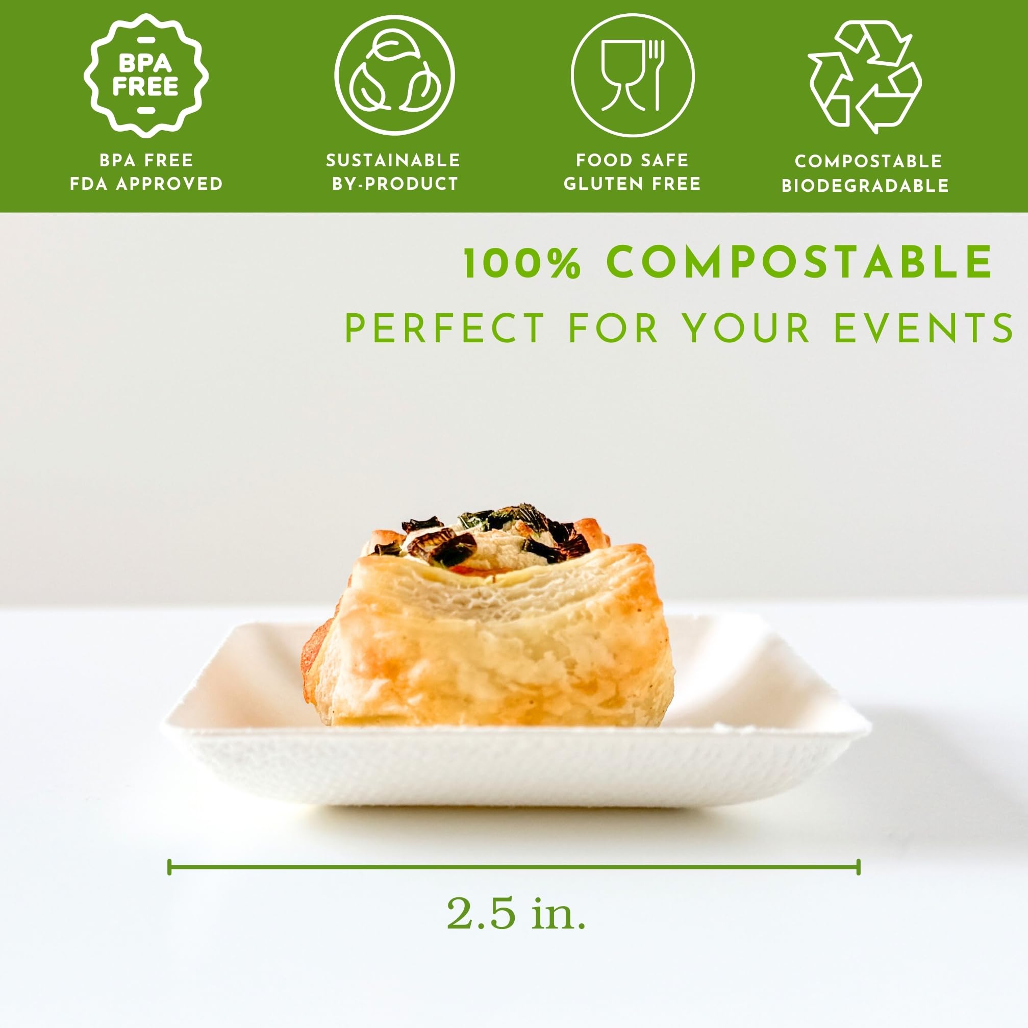 50ct 2.5" Tiny Sugarcane Square Eco-Friendly Disposable Plates Mini Square Plates for Desserts and Appetizers, Sustainable Party Wedding Catering