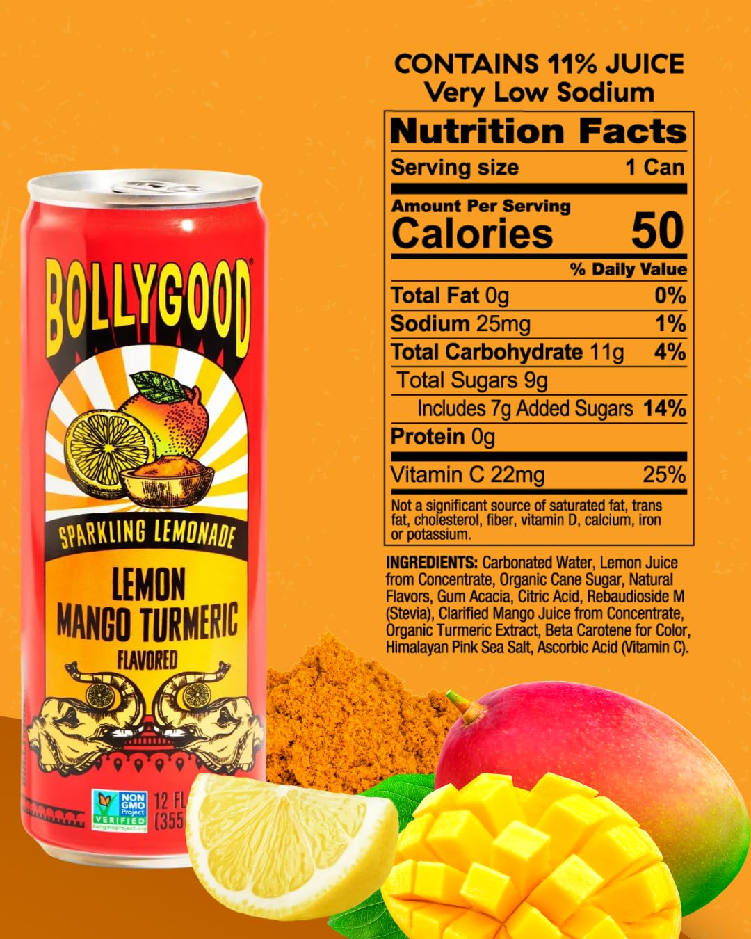 Bollygood Sparkling Lemonade, Lemon Mango Turmeric, Indian Inspired Beverage Nimbu Pani, No Artifical Colors or Flavors, Non-GMO Project Verified, 12