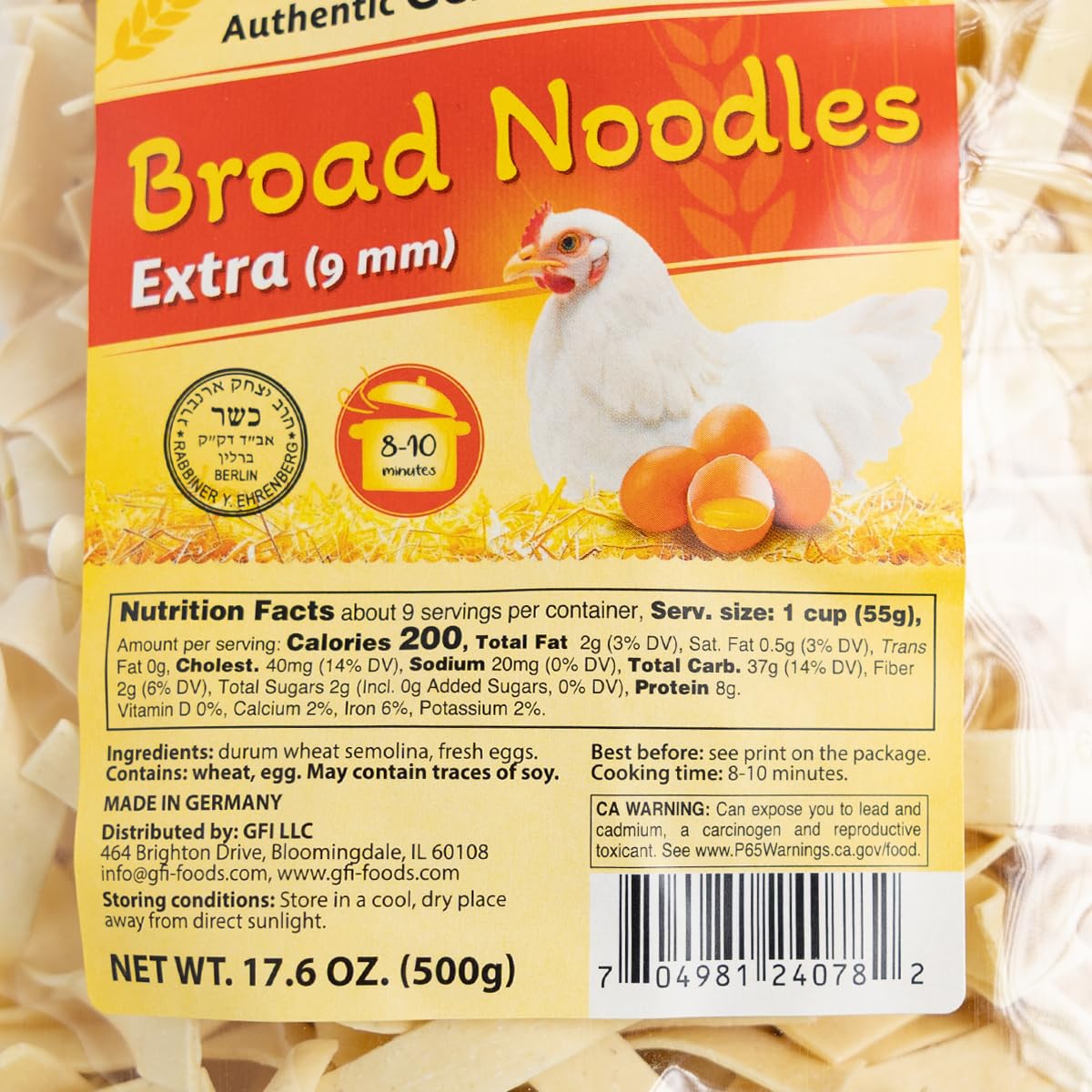 BAIERSBRONN Extra Broad Egg Noodles 1.1lb(1x1.1lb) - Restaurant-Quality Texture from Germany, Kosher, Made with 100% Pure Durum Semolina & Fresh Eggs