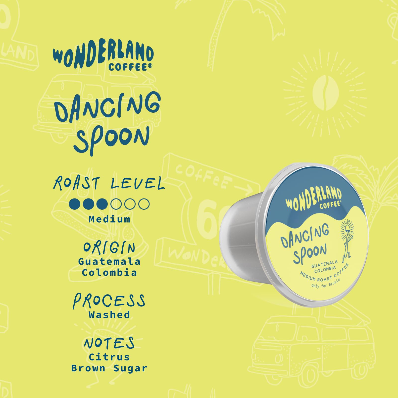 Wonderland Coffee | Dancing Spoon Coffee B-Pods | Only Compatible with Bruvi Single-Serve Coffee Brewer | Includes 60 Pods