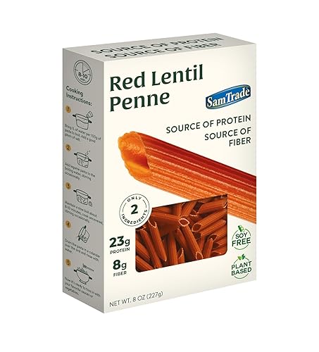 Sam Trade Chickpea Pasta, Gluten Free, Vegan, Plant Based, Non GMO, No Added Salt or Sugar, 8 oz (Pack of 6) (Red Lentil Penne)