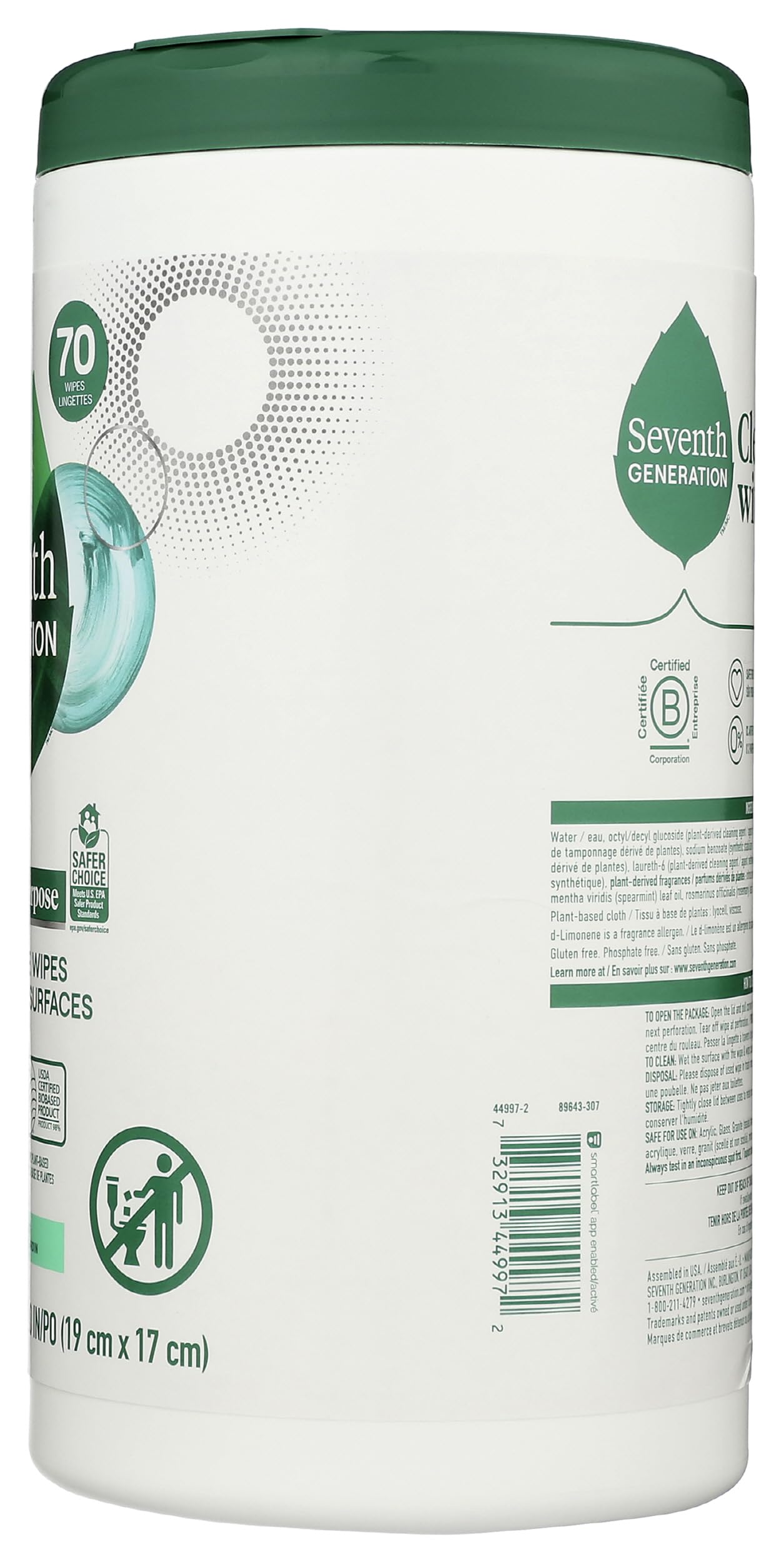 Seventh Generation Multi-Surface Wipes, Garden Mint Scented, 70 Count
