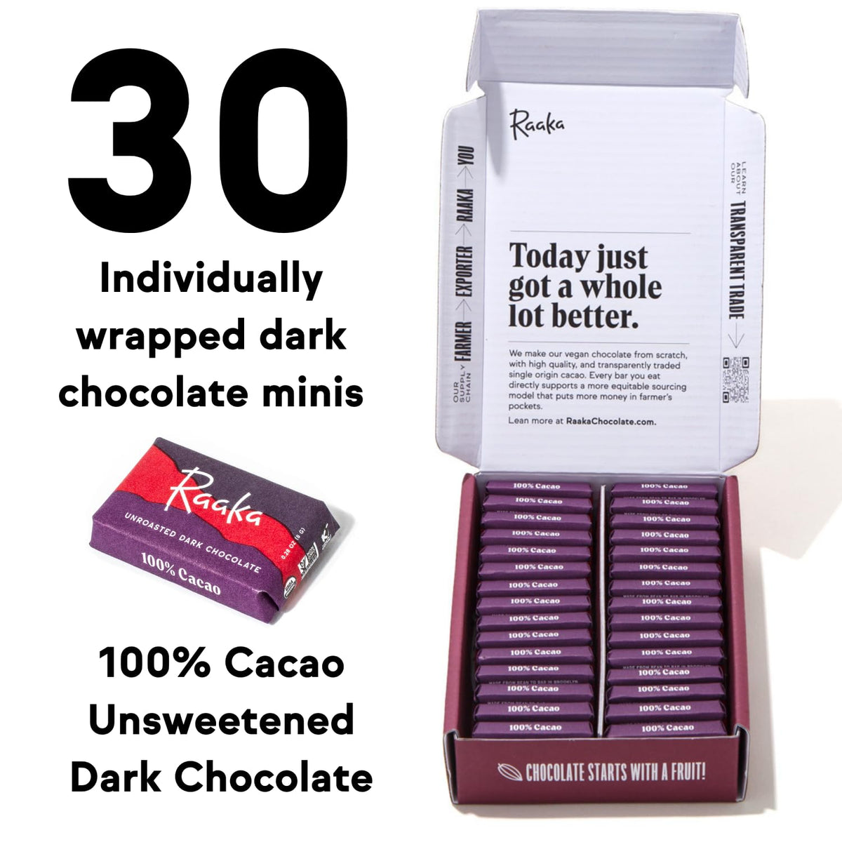 Raaka 100% Dark Chocolate Mini Bars | Unsweetened, Bitter, No Added Sugar or Artificial Sweeteners | Organic, Vegan, Gluten Free, Paleo, Kosher | Box