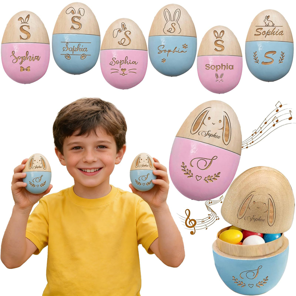 Personalized 2026 Easter Egg with Free Text, Custom Engraved Wooden Fillable Egg for Kids, Unique Easter Basket Decoration Gifts