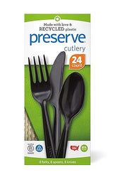 Preserve Recycled Plastic Cutlery Made in USA, 24 Count (8 Forks, 8 Knives, 8 Spoons), Black
