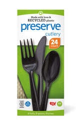 Preserve Recycled Plastic Cutlery Made in USA, 24 Count (8 Forks, 8 Knives, 8 Spoons), Black