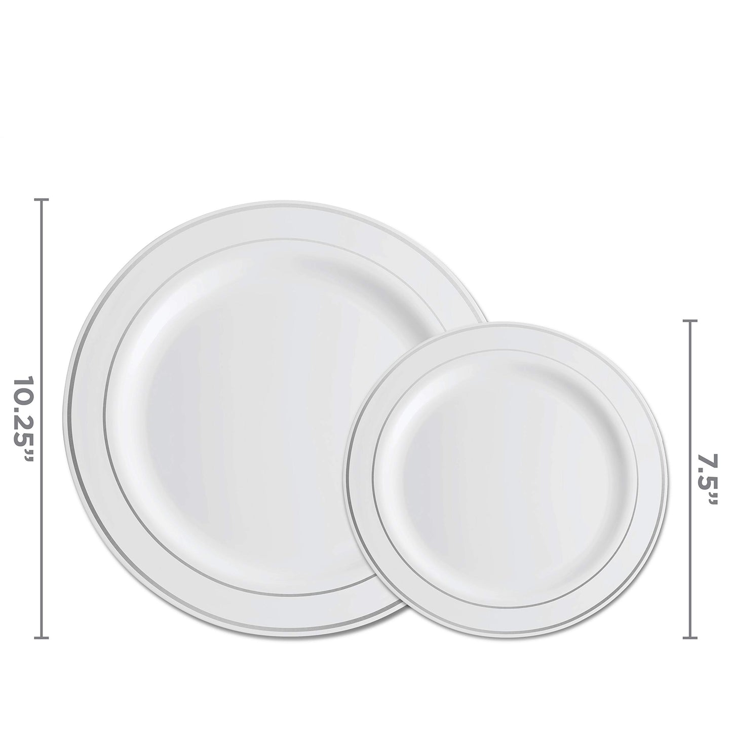 Munfix 100 Silver Plastic Plates Set, 50 Pcs 10.25 Inch Dinner and 50 Pcs 7.5 Inch Plastic Dessert Plates, Elegant Fancy Heavy Duty Disposable Plates