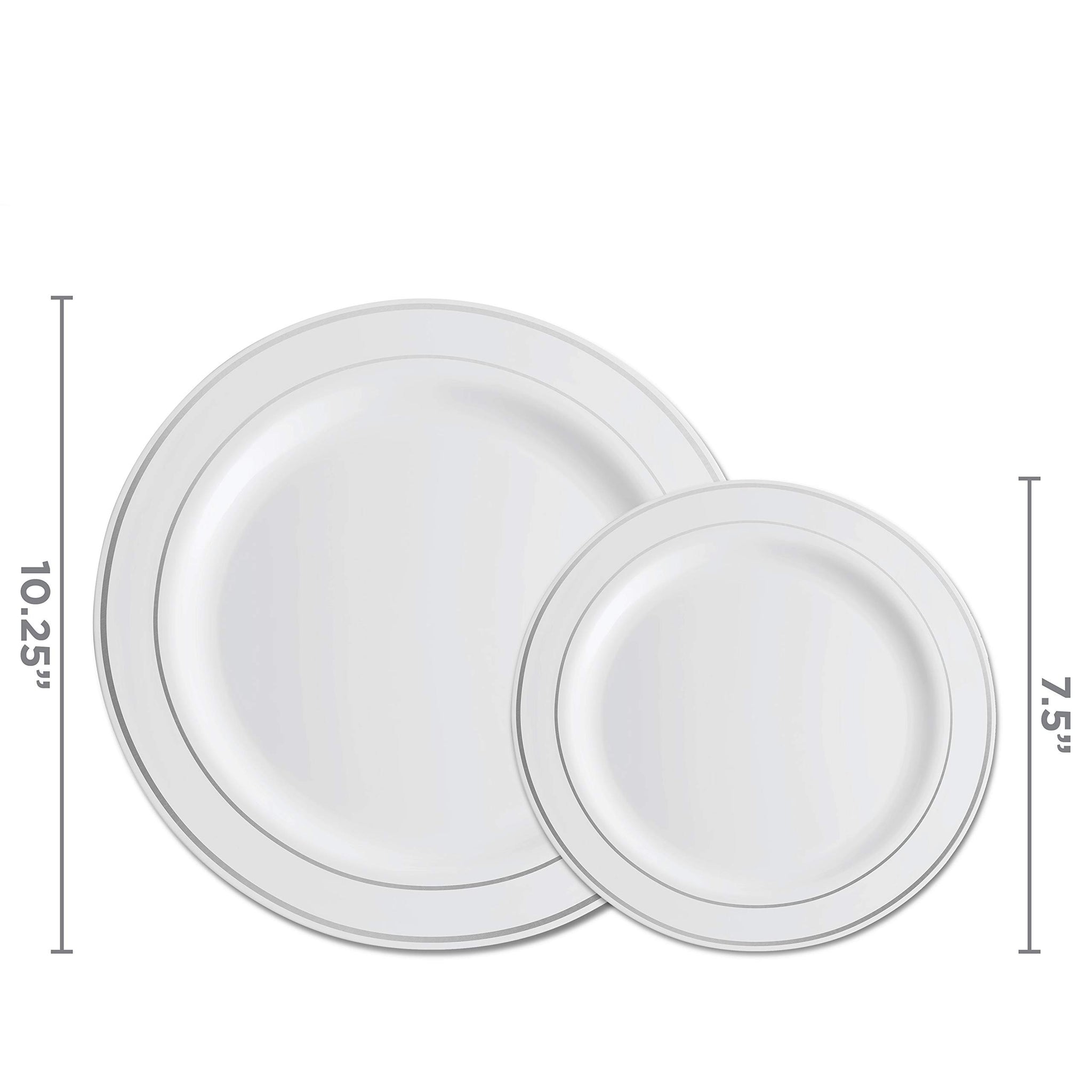 Munfix 100 Silver Plastic Plates Set, 50 Pcs 10.25 Inch Dinner and 50 Pcs 7.5 Inch Plastic Dessert Plates, Elegant Fancy Heavy Duty Disposable Plates